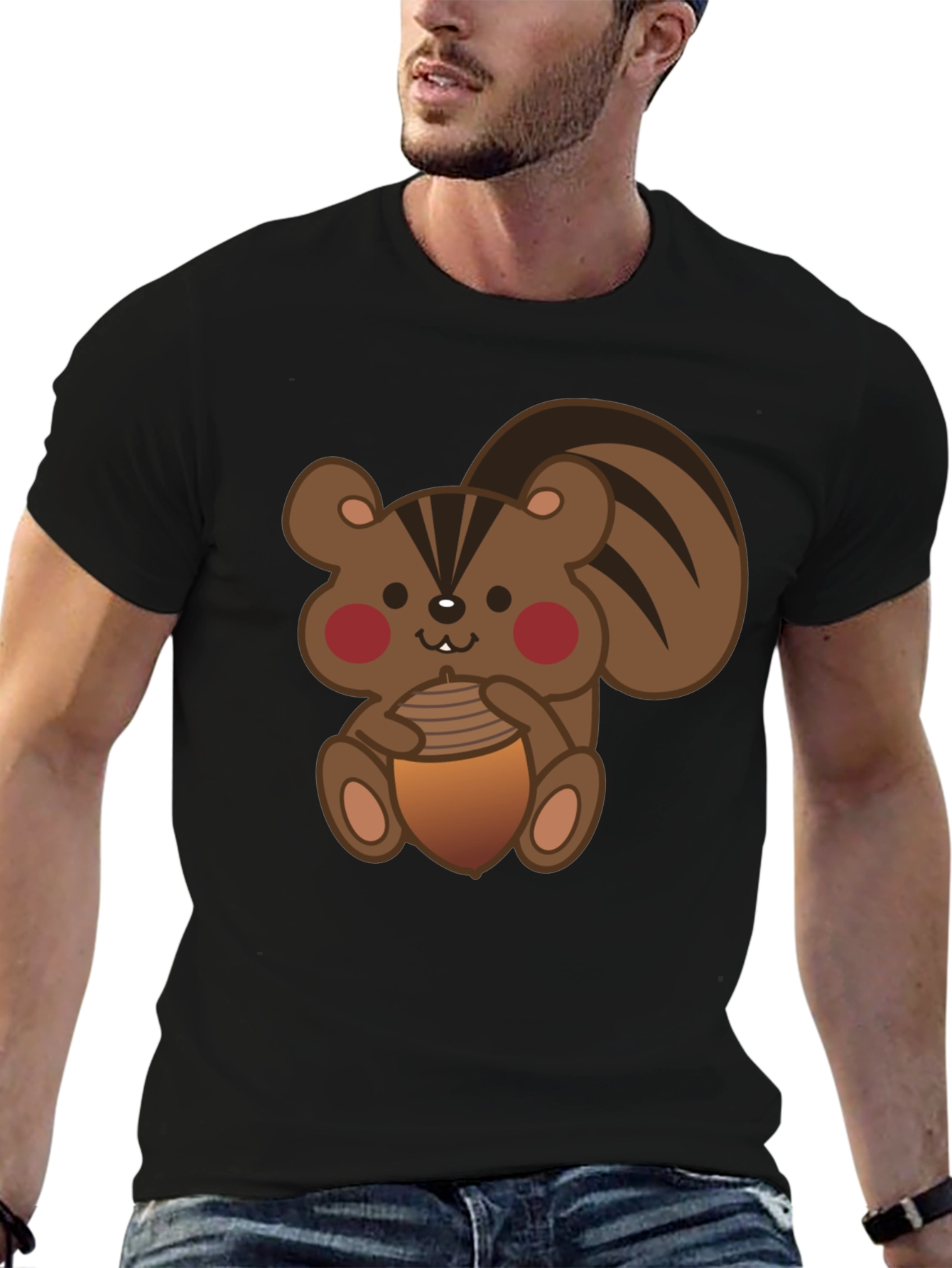 Cute Squirrel Holding Acorn Black T-Shirt