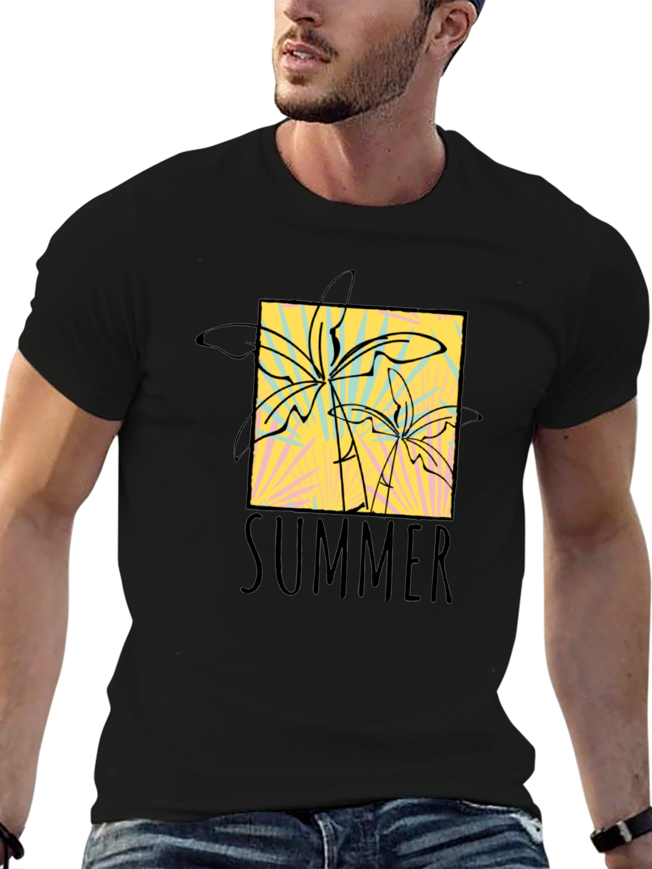 Summer Palms Graphic Tee - Black Cotton T-Shirt
