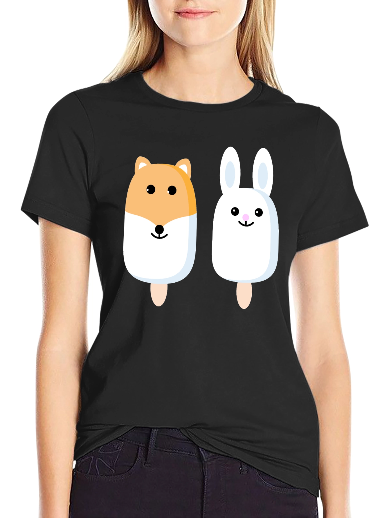Cute Animal Popsicle Graphic Tee - Black