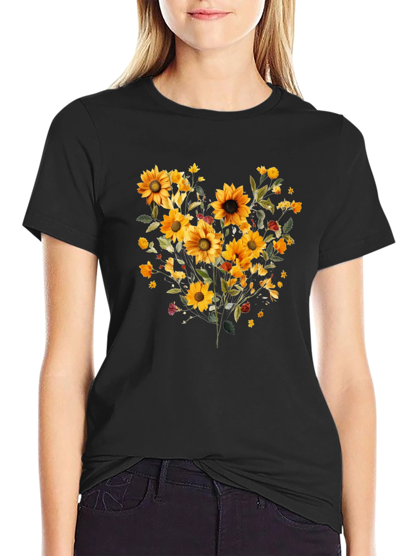 Sunflower Bouquet Graphic Print Black Tee