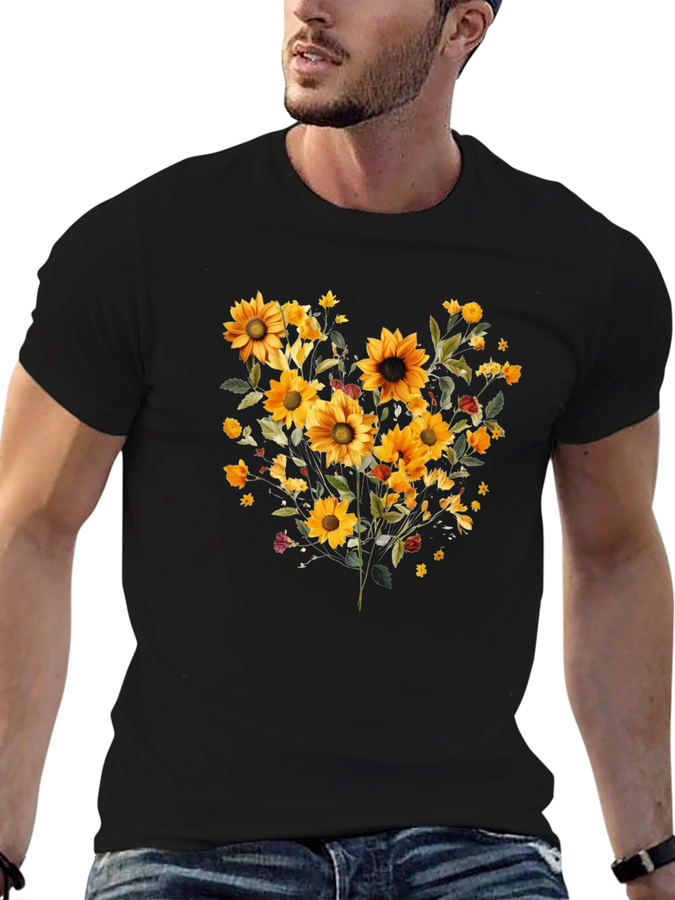 Sunflower Bouquet Graphic Print Black Tee