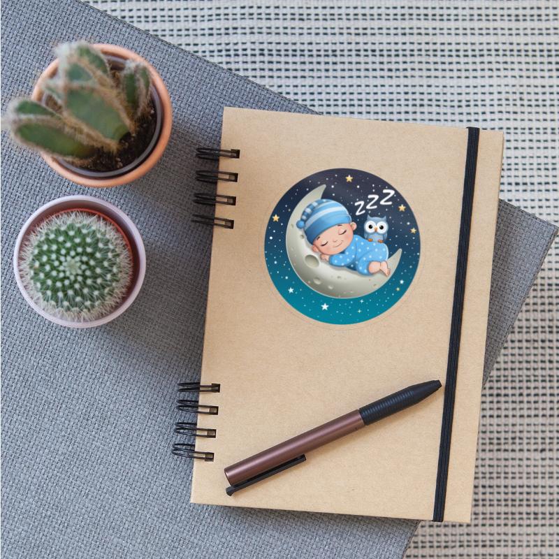 Sleeping baby boy on the moon with an owl