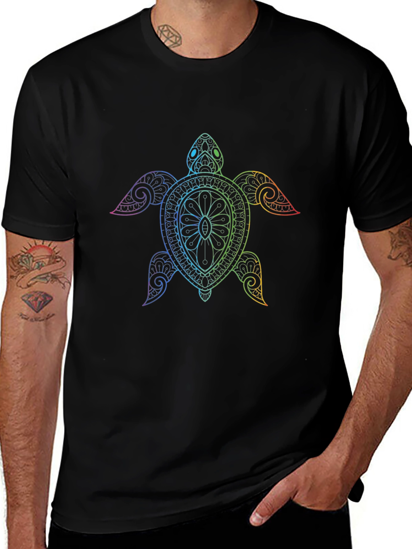Rainbow Turtle Graphic Tee - Stylish Mens Black T-Shirt