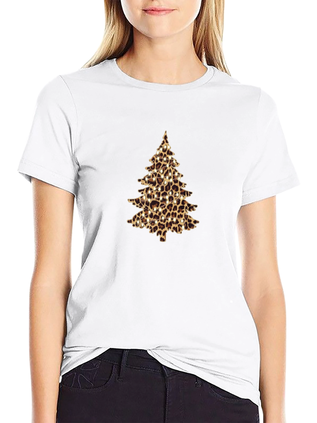 Leopard Print Christmas Tree Black T-Shirt