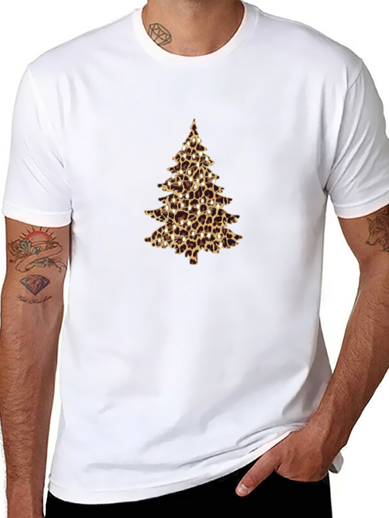 Leopard Print Christmas Tree Black T-Shirt