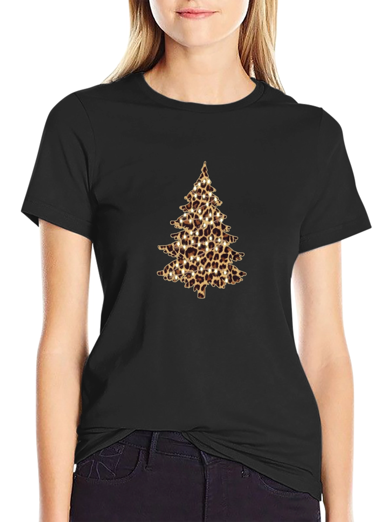Leopard Print Christmas Tree Black T-Shirt