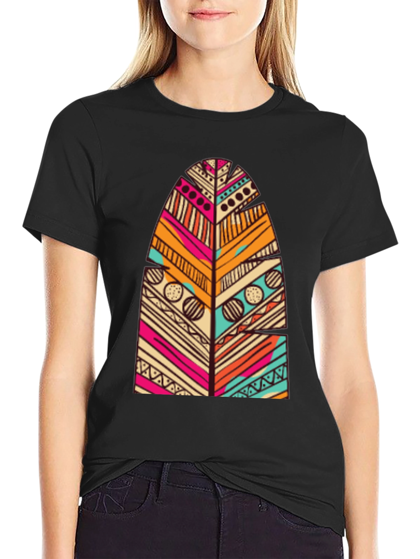 Tribal Feather Print Black T-Shirt