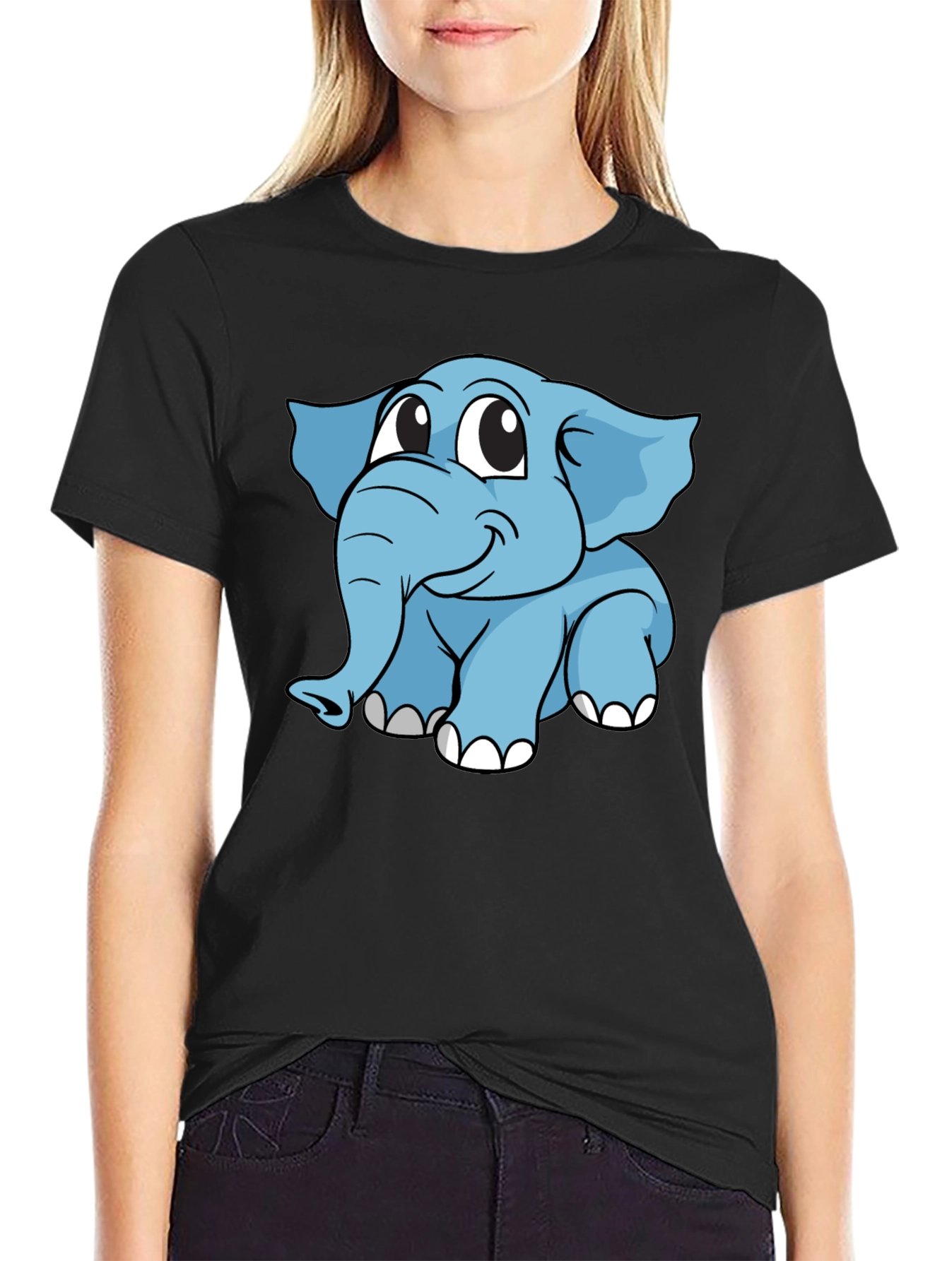 Cute Elephant Graphic T-Shirt - Black Cotton Blend