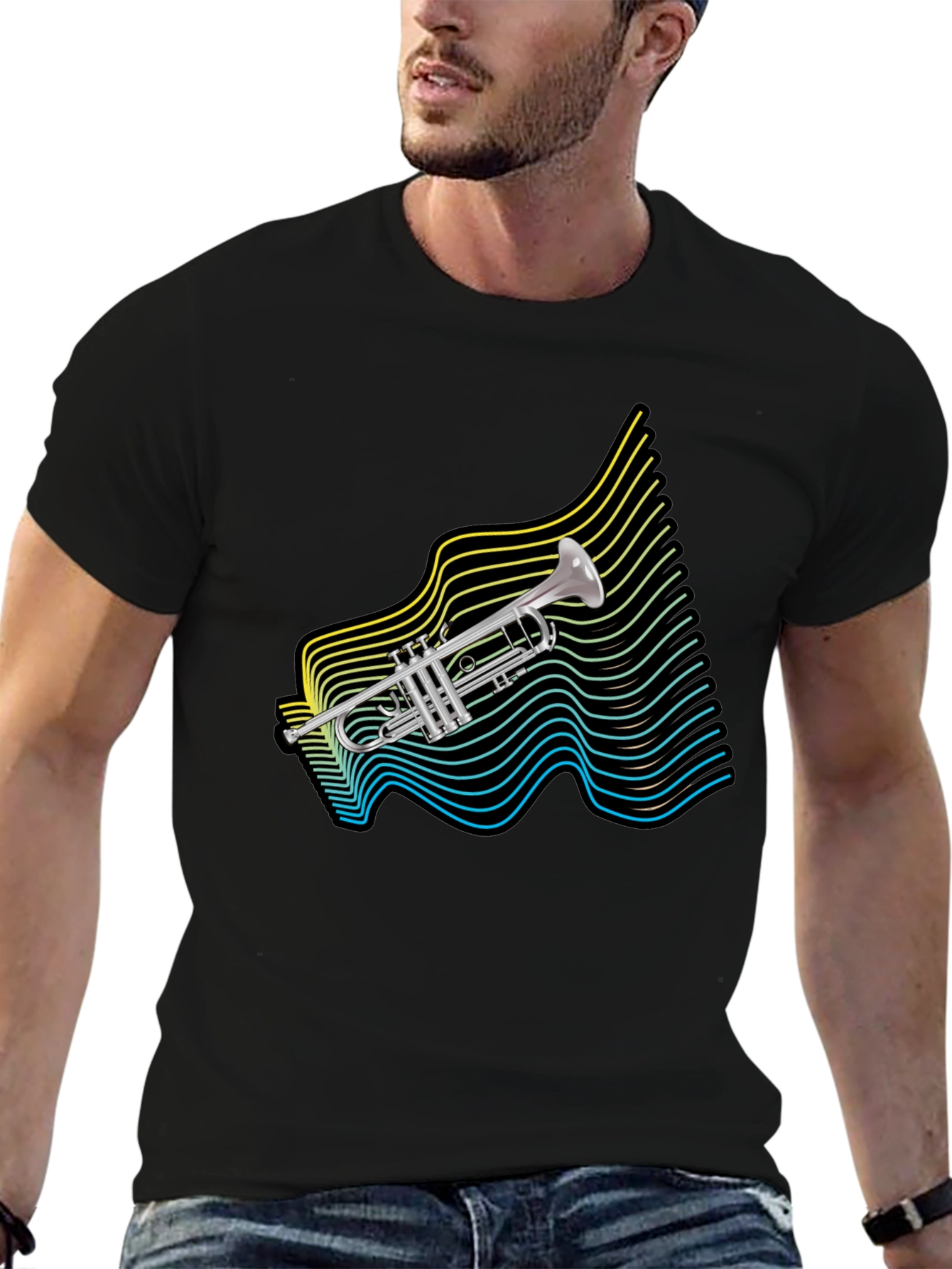 Retro Trumpet Wave Graphic T-Shirt - Black