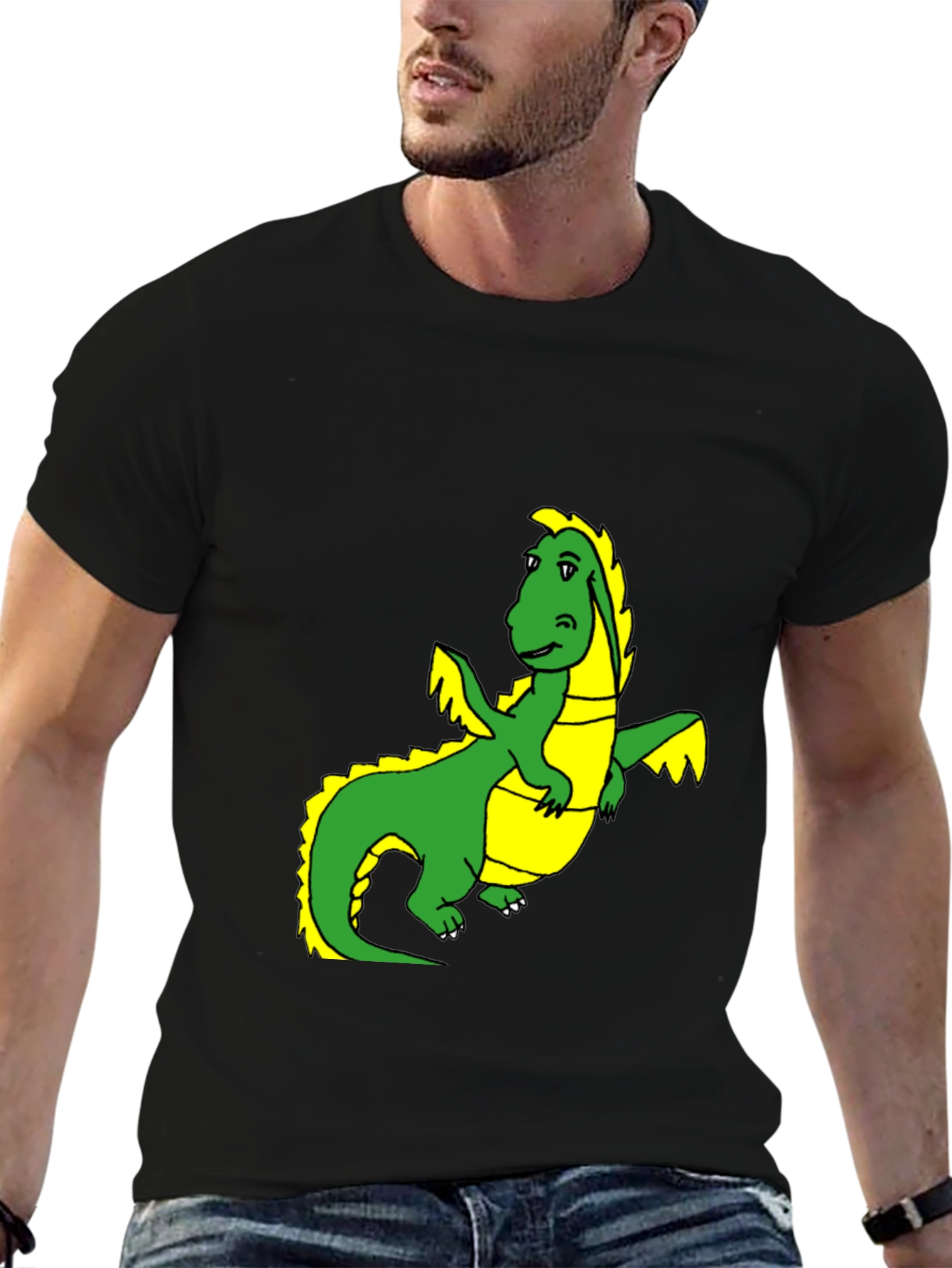 Black T-Shirt with Cartoon Dragon Graphic