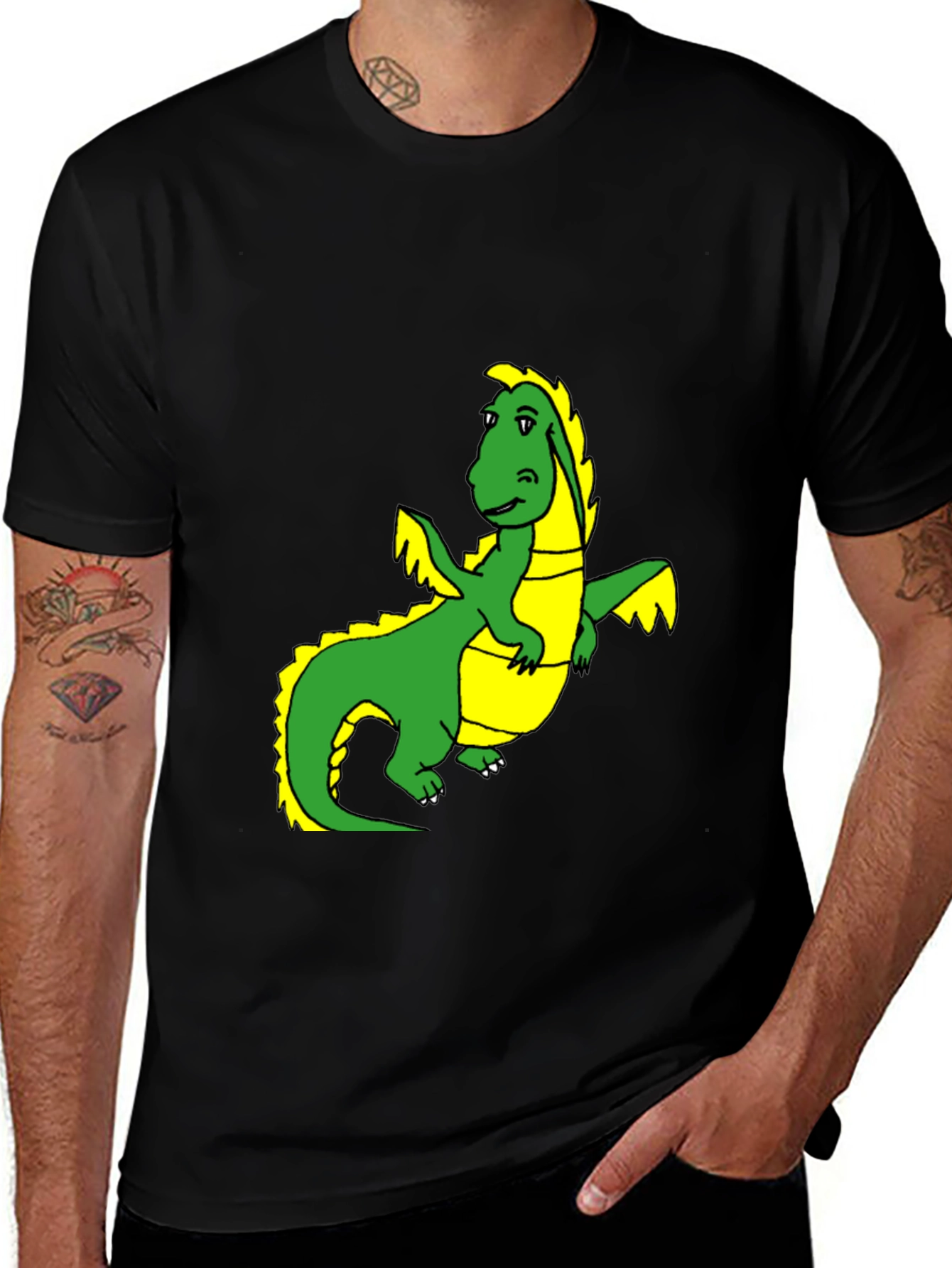 Black T-Shirt with Cartoon Dragon Graphic
