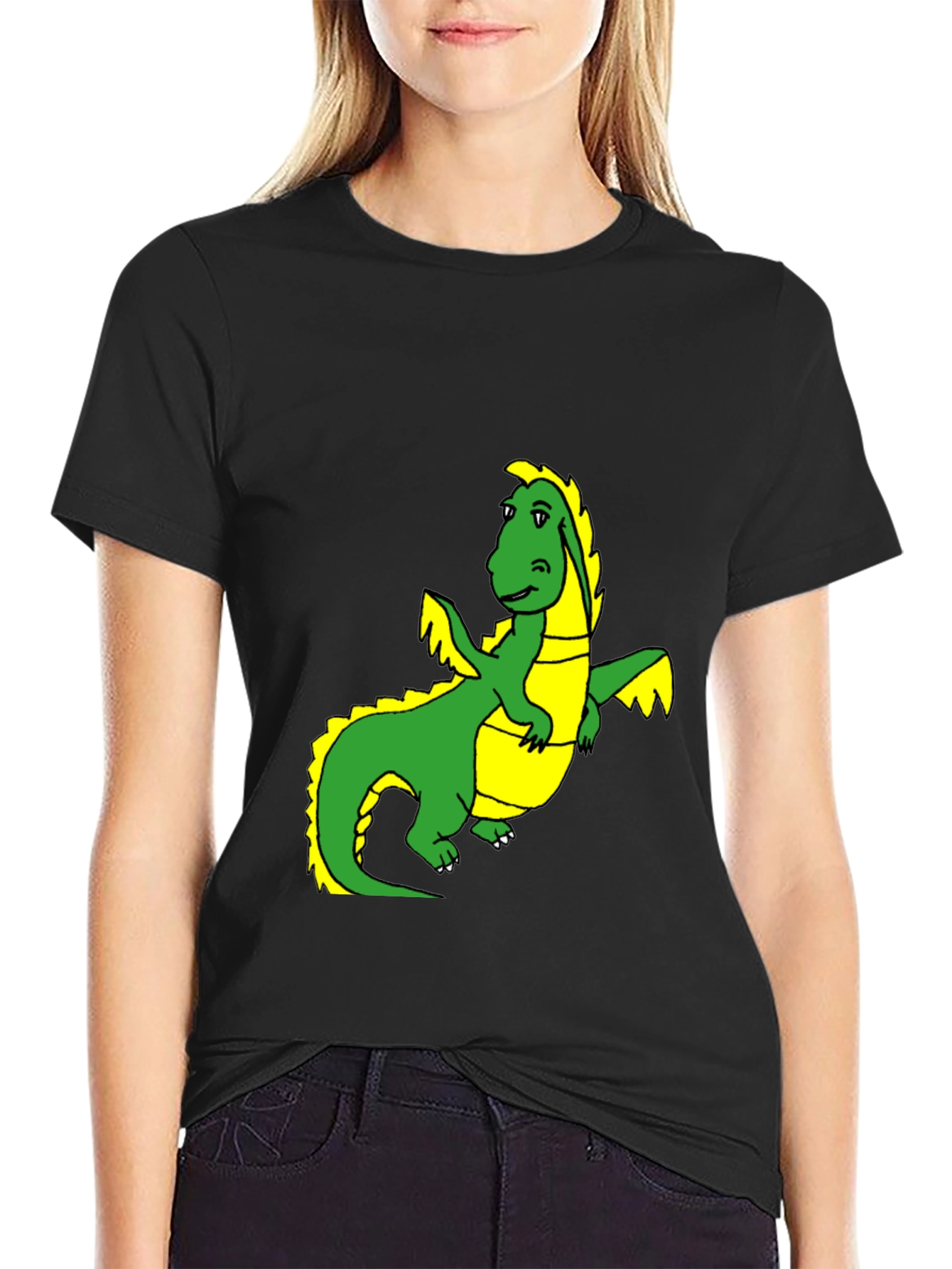 Black T-Shirt with Cartoon Dragon Graphic