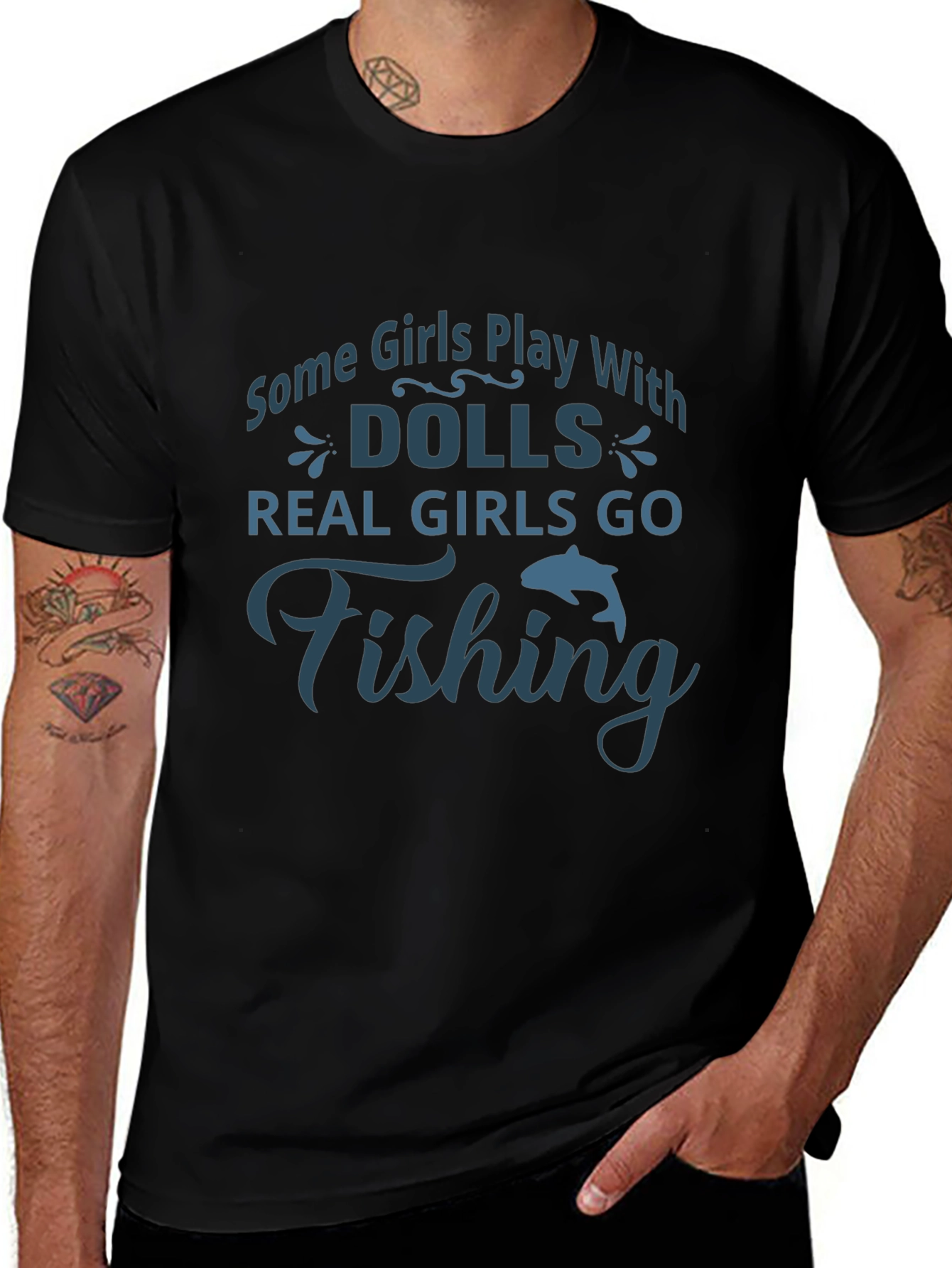 Fishing Girls Graphic Tee - Black Cotton T-Shirt