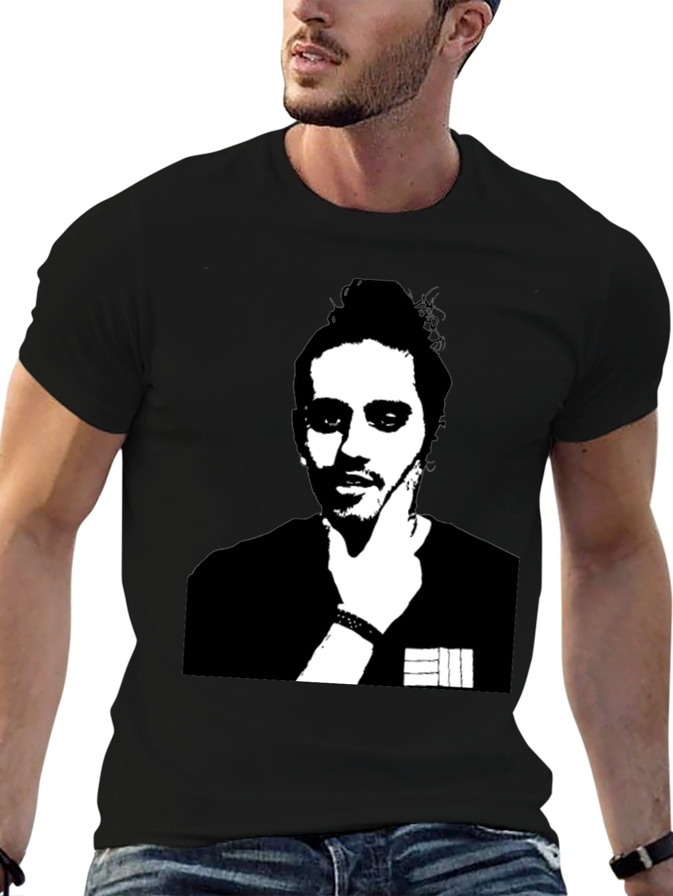 Black T-shirt with Mans Portrait Graphic