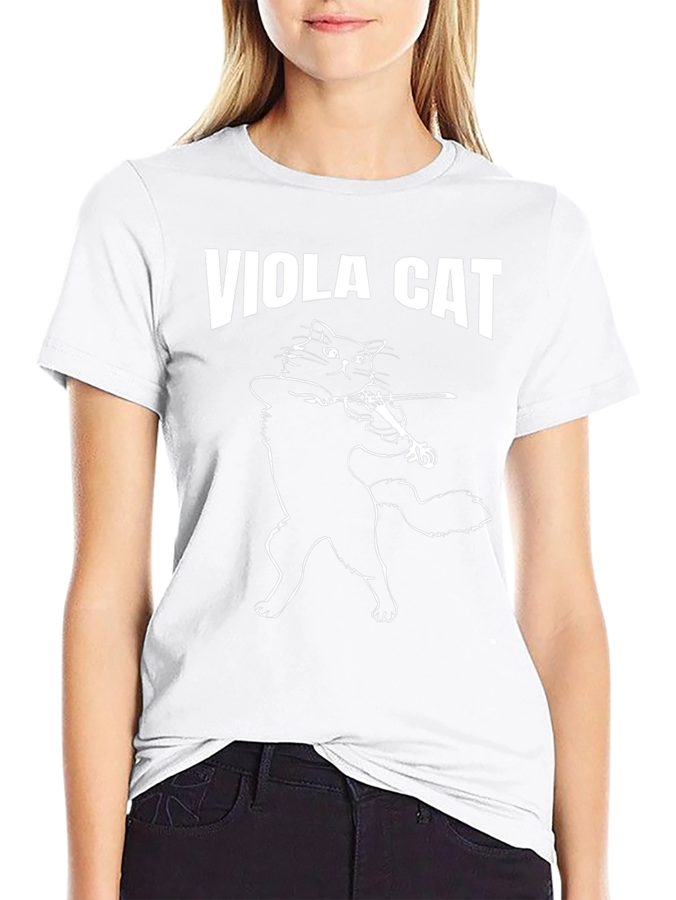 Viola Cat Graphic T-Shirt - Black Crew Neck
