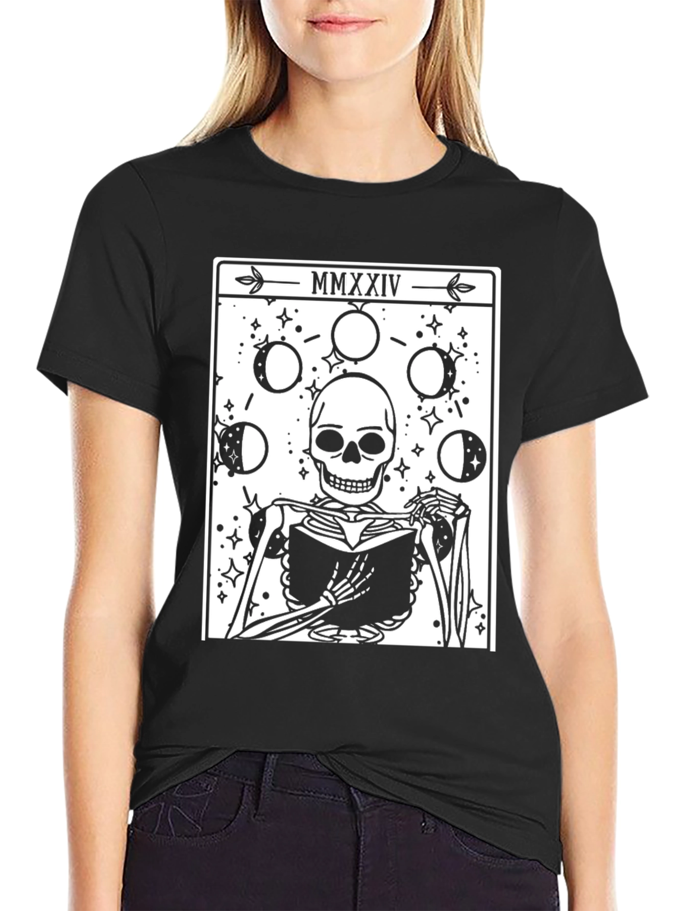 Tarot Skeleton Tee - Moon Phase Book Reader