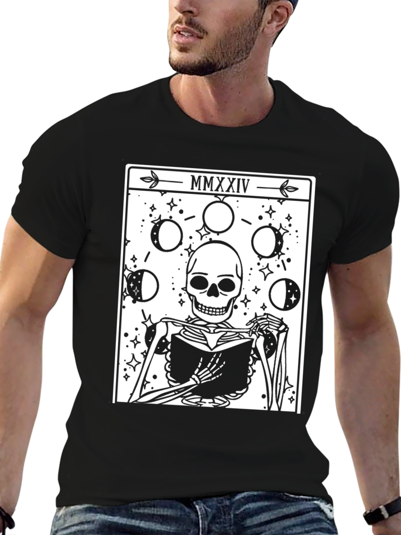 Tarot Skeleton Tee - Moon Phase Book Reader