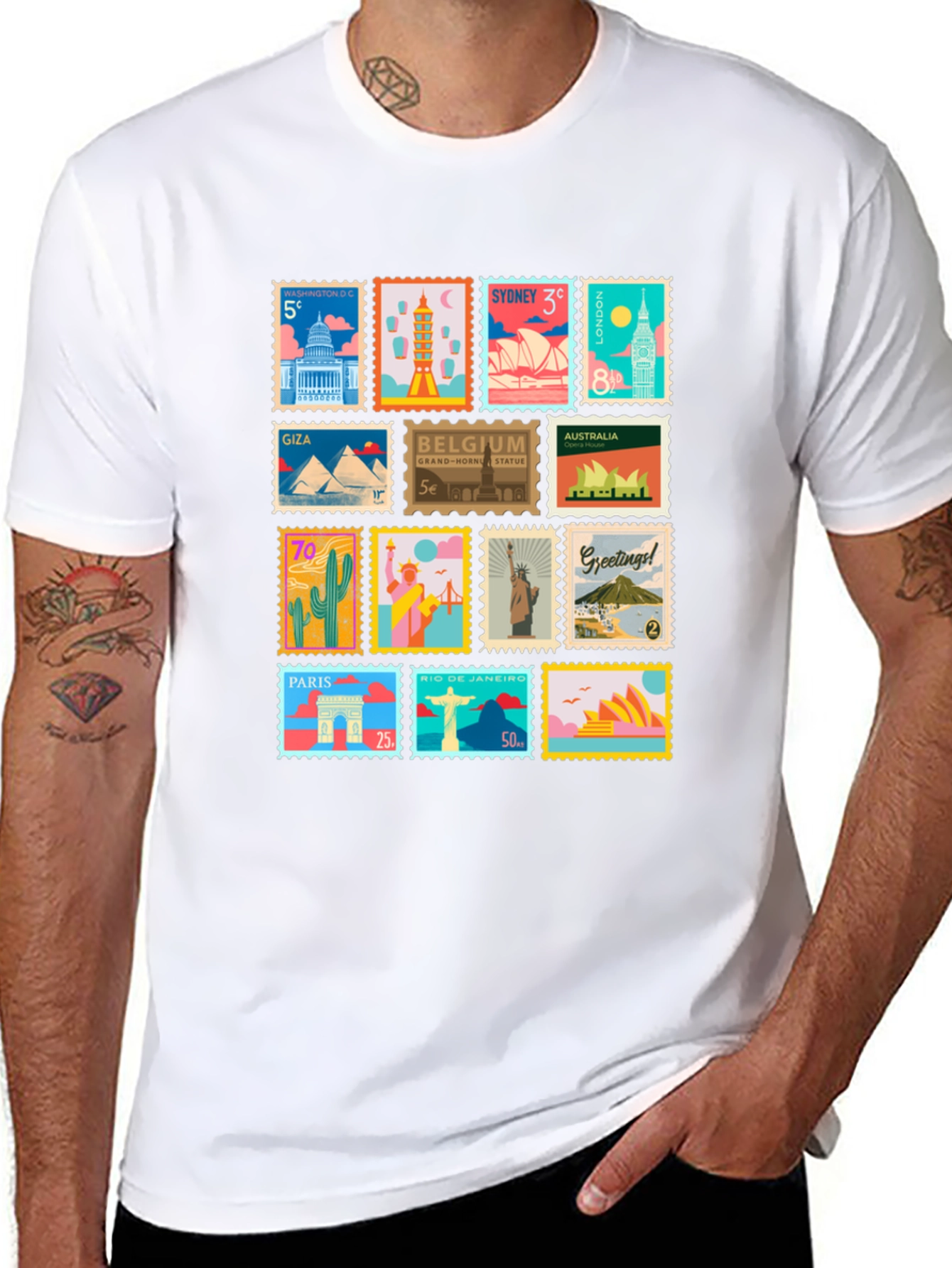 World Travel Stamps T-Shirt | Landmark Souvenir Tee