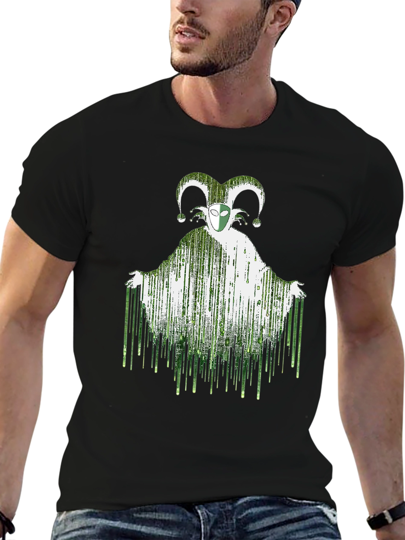 Matrix Jester Graphic Tee - Stylish Mens Black T-Shirt