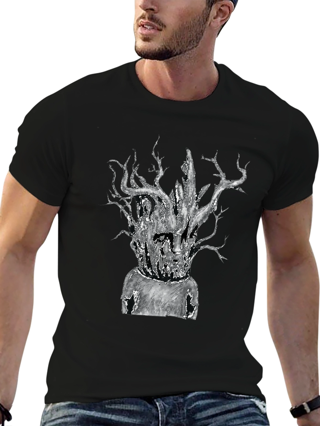 Unique Tree-Head Graphic Black T-Shirt