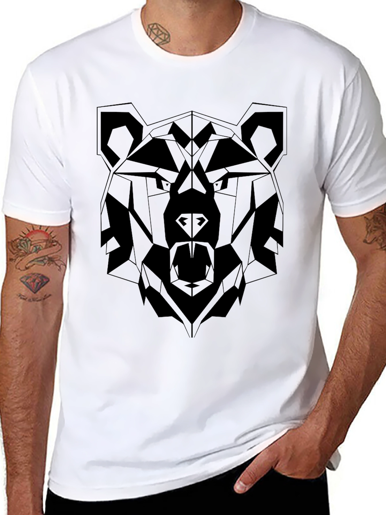Geometric Bear Graphic Tee - Stylish Black T-Shirt