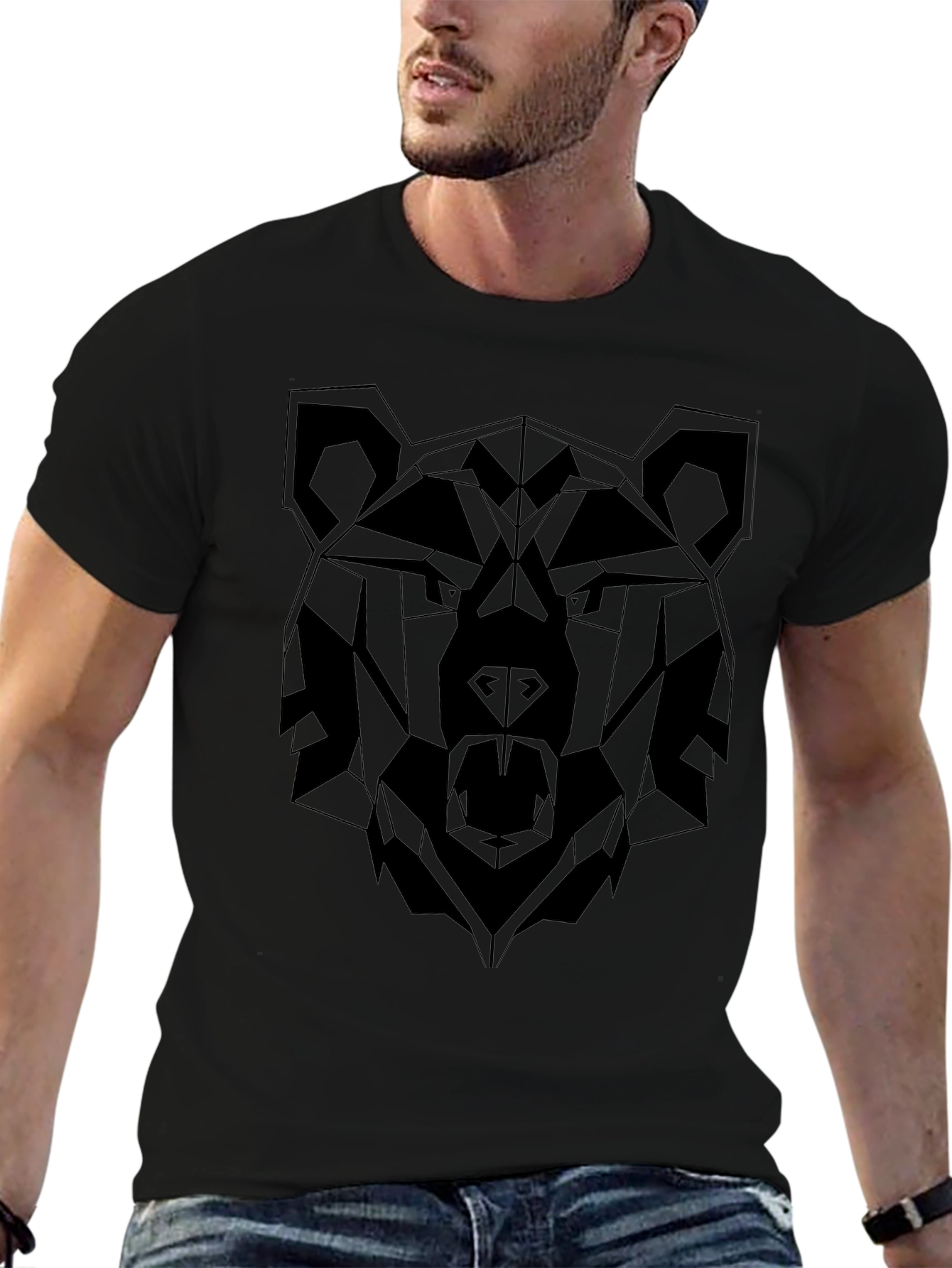 Geometric Bear Graphic Tee - Stylish Black T-Shirt