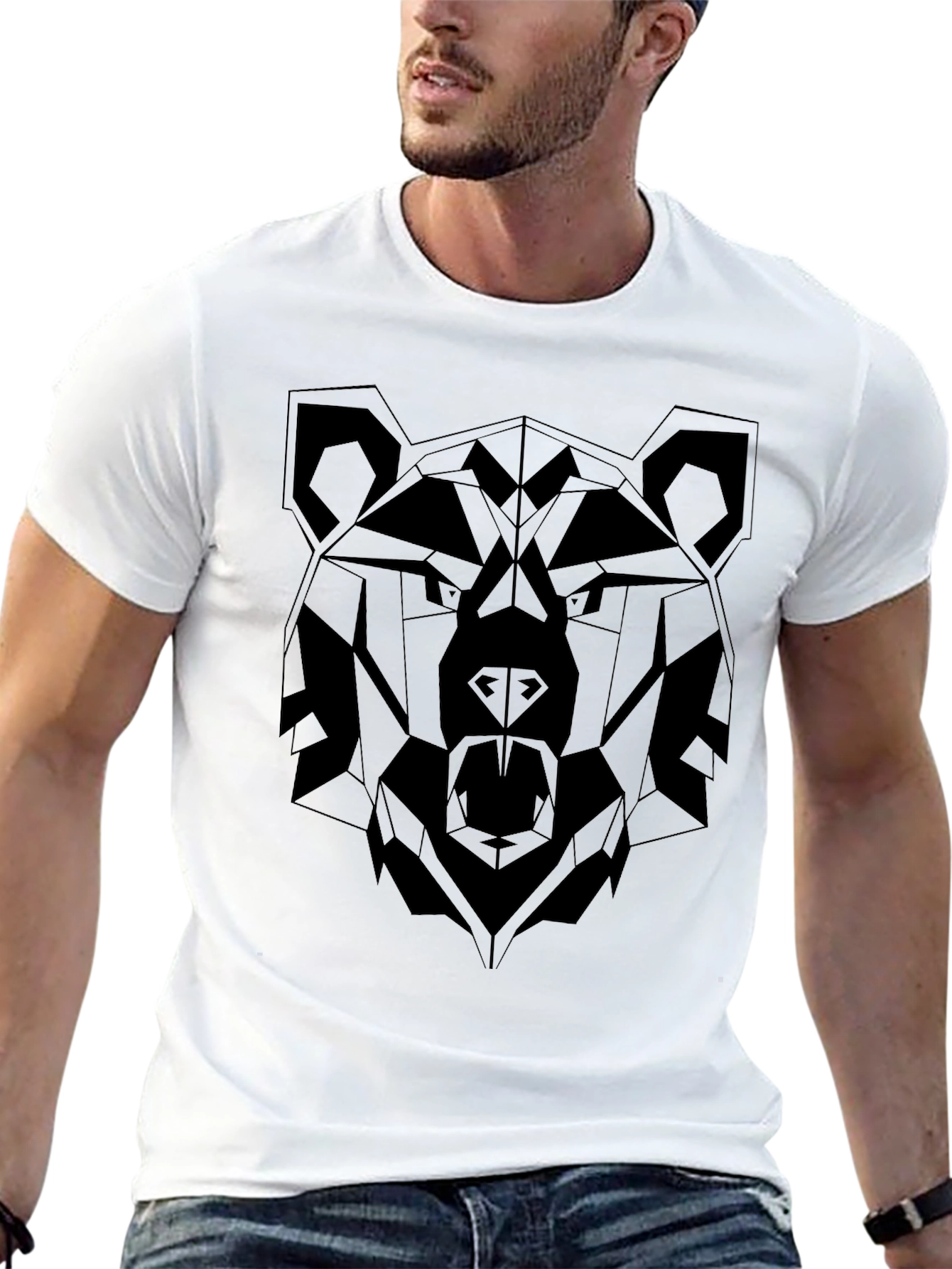 Geometric Bear Graphic Tee - Stylish Black T-Shirt