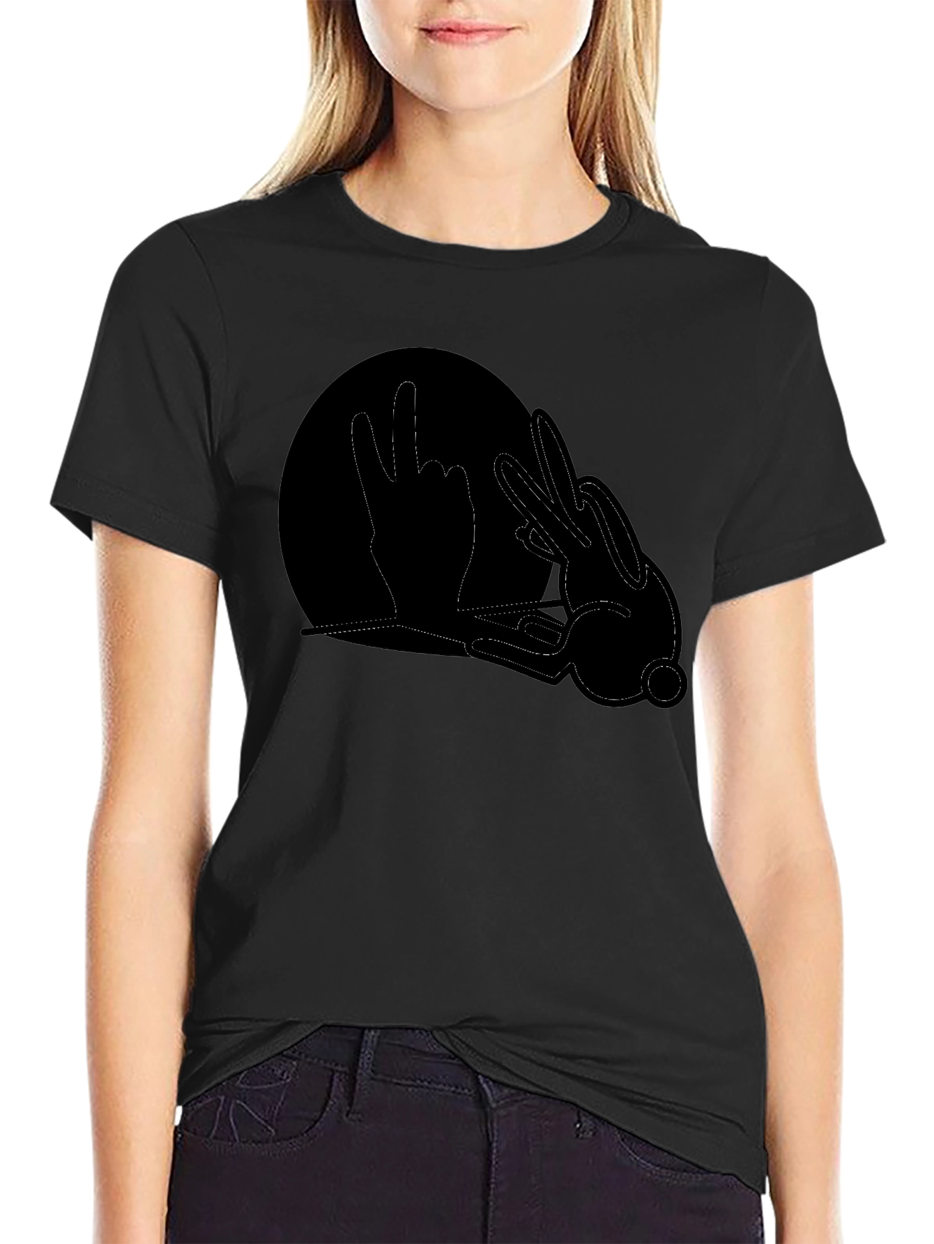 Black Graphic Tee - Hand Shadow Rabbit Design