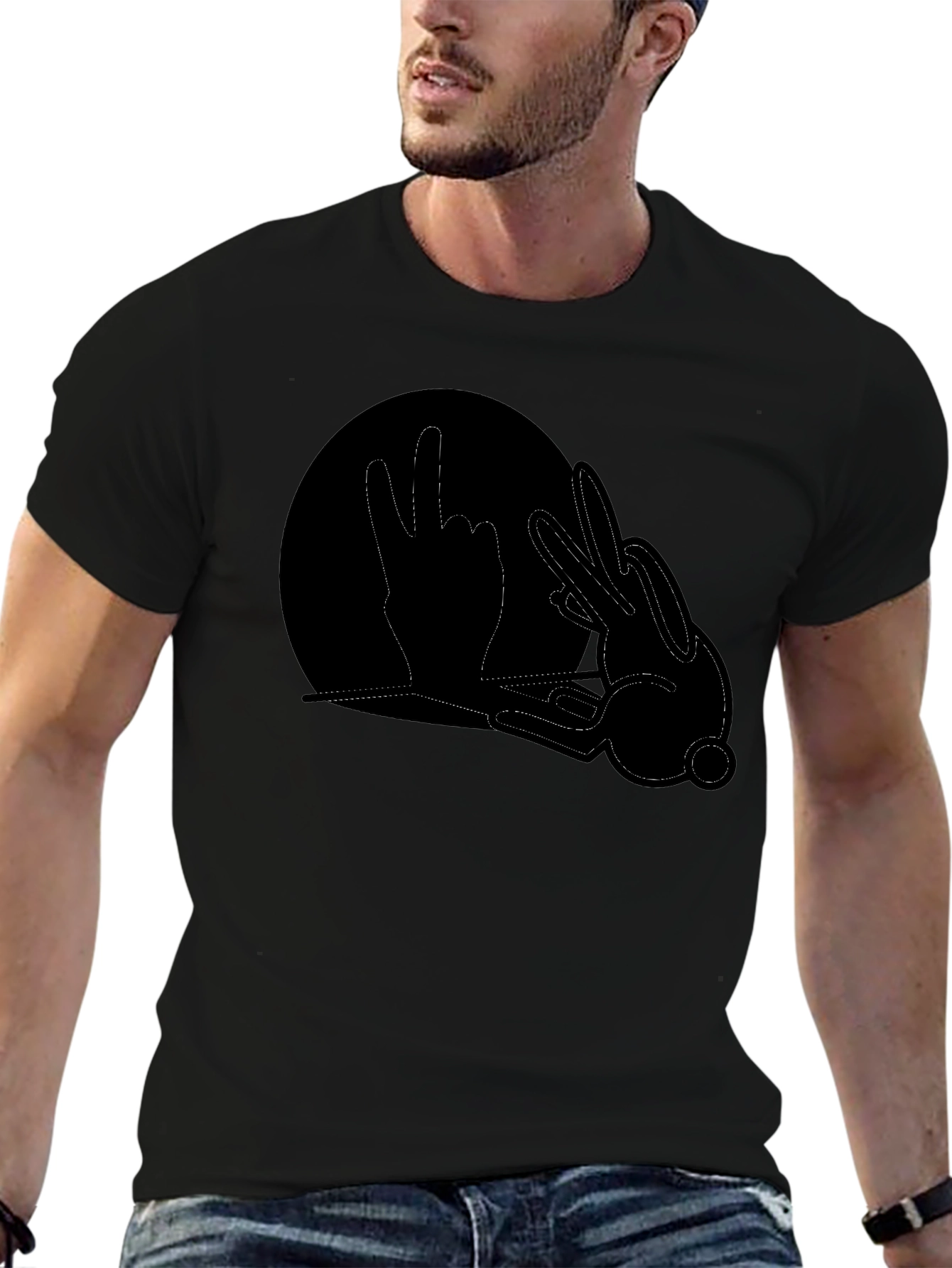 Black Graphic Tee - Hand Shadow Rabbit Design
