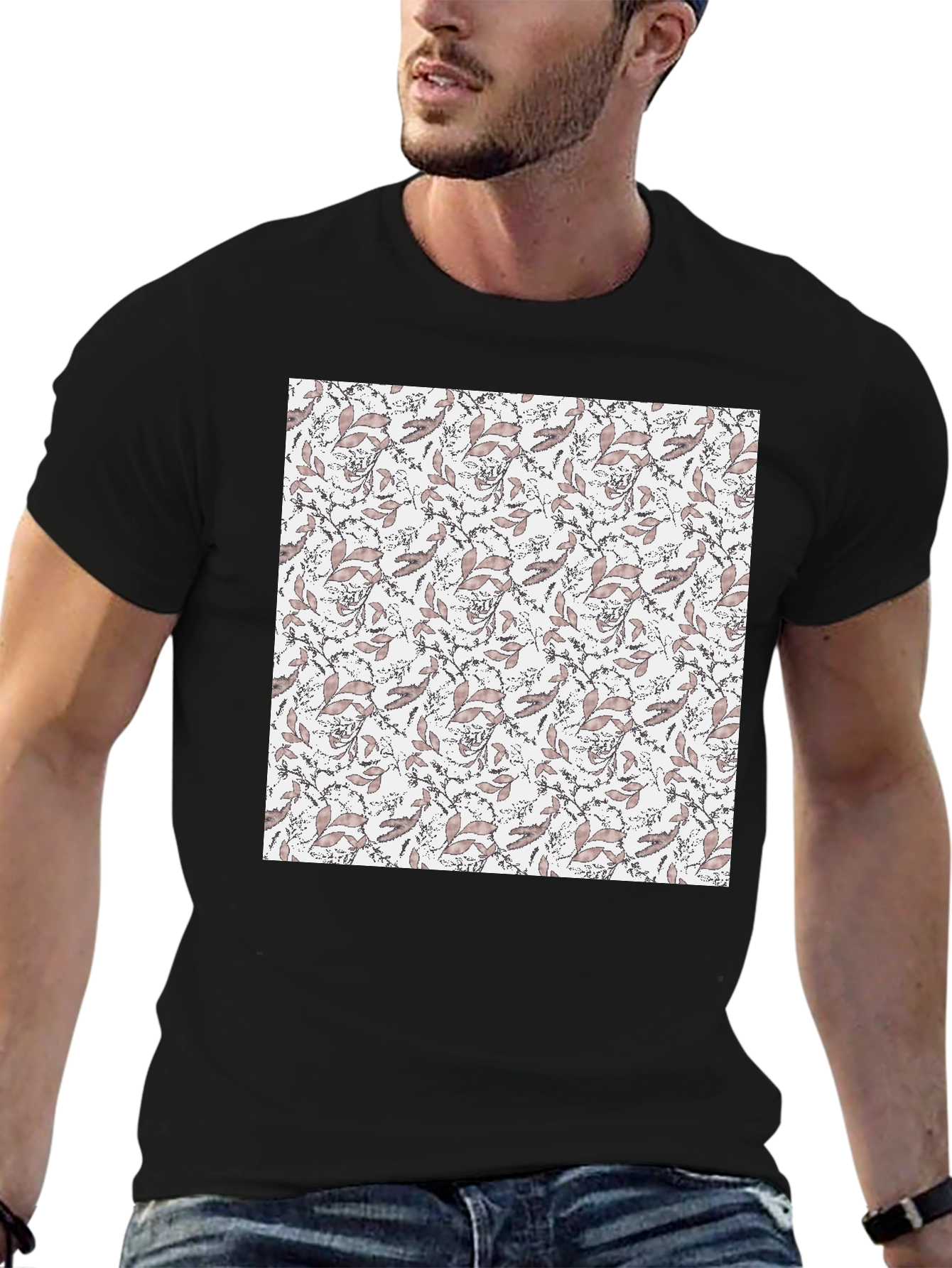 Elegant Floral Print Black T-Shirt