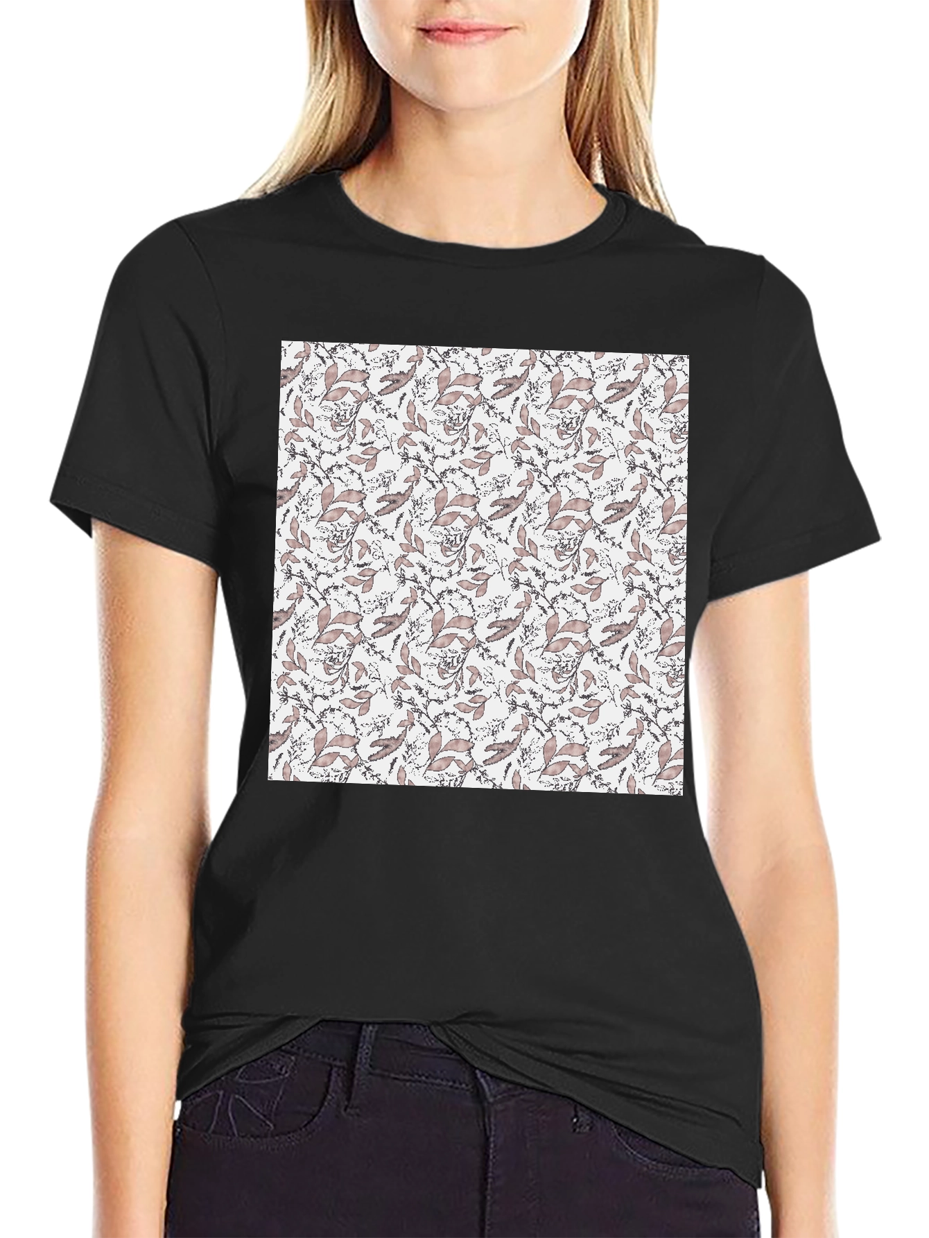 Elegant Floral Print Black T-Shirt