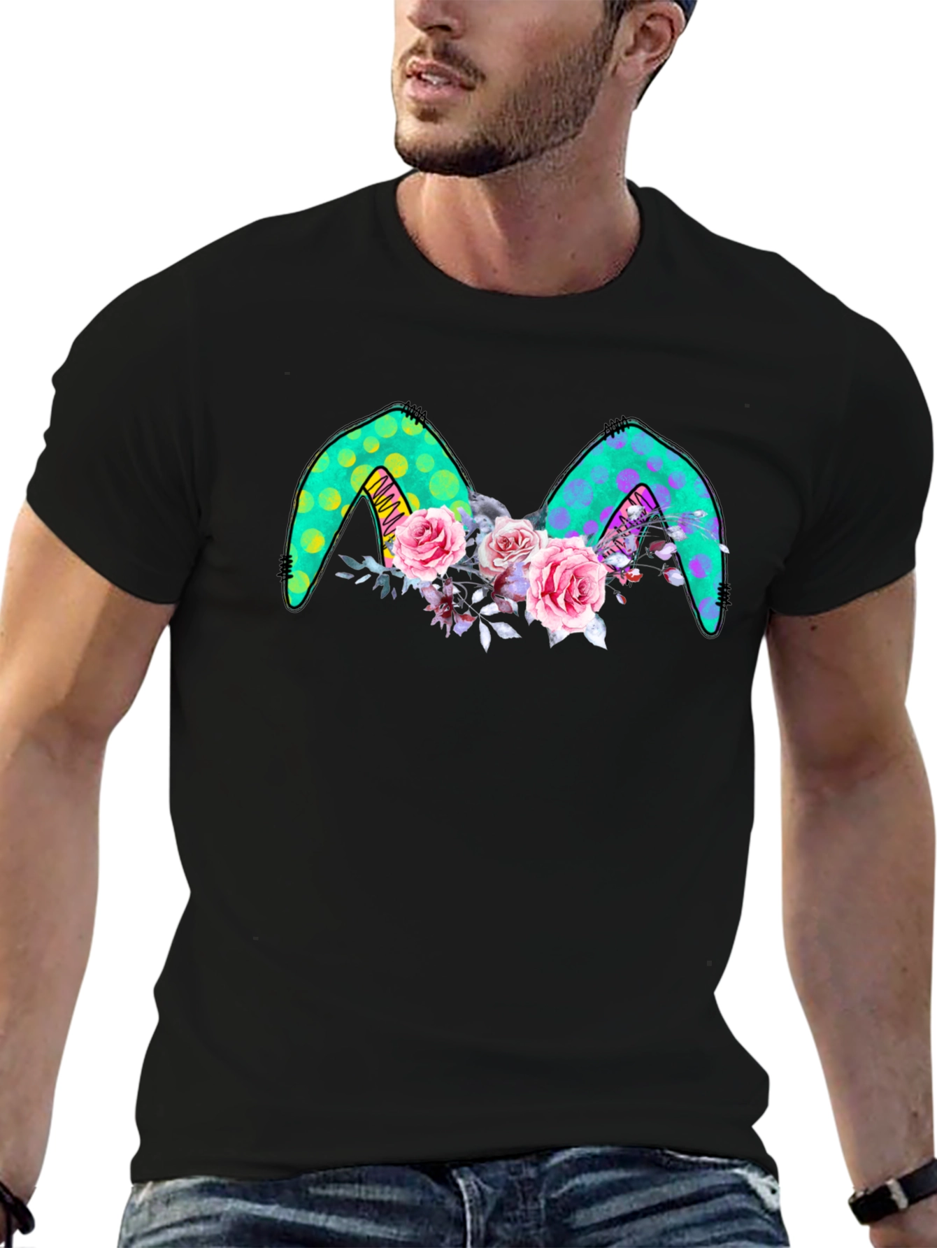 Floral Bunny Ears Black Tee