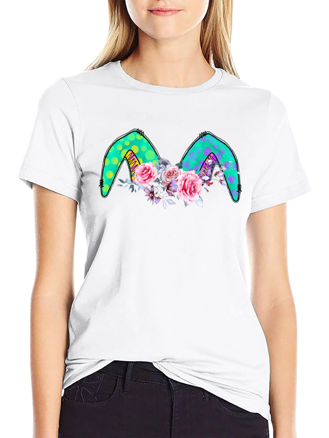Floral Bunny Ears Black Tee