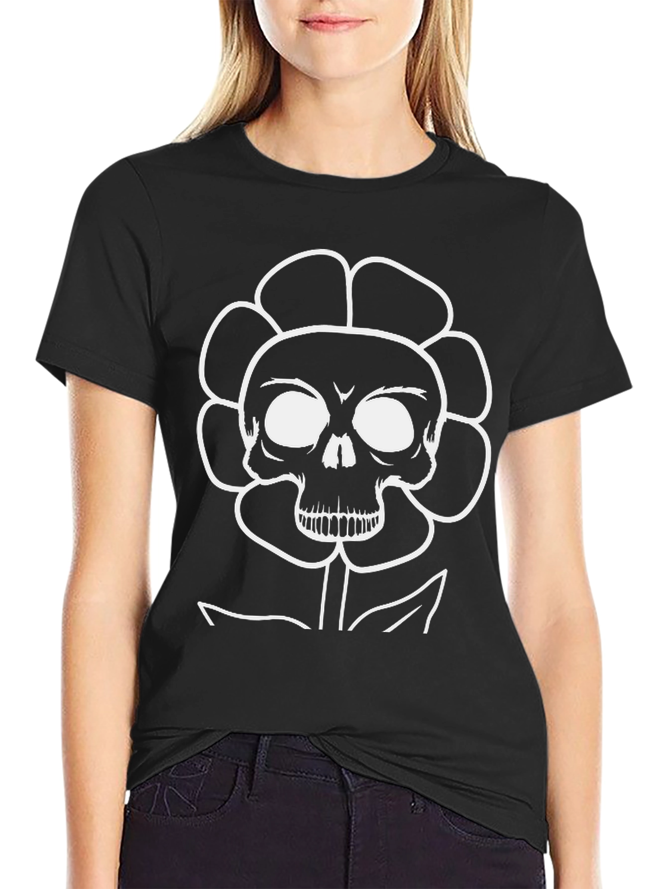 Skull Flower Graphic Black T-Shirt