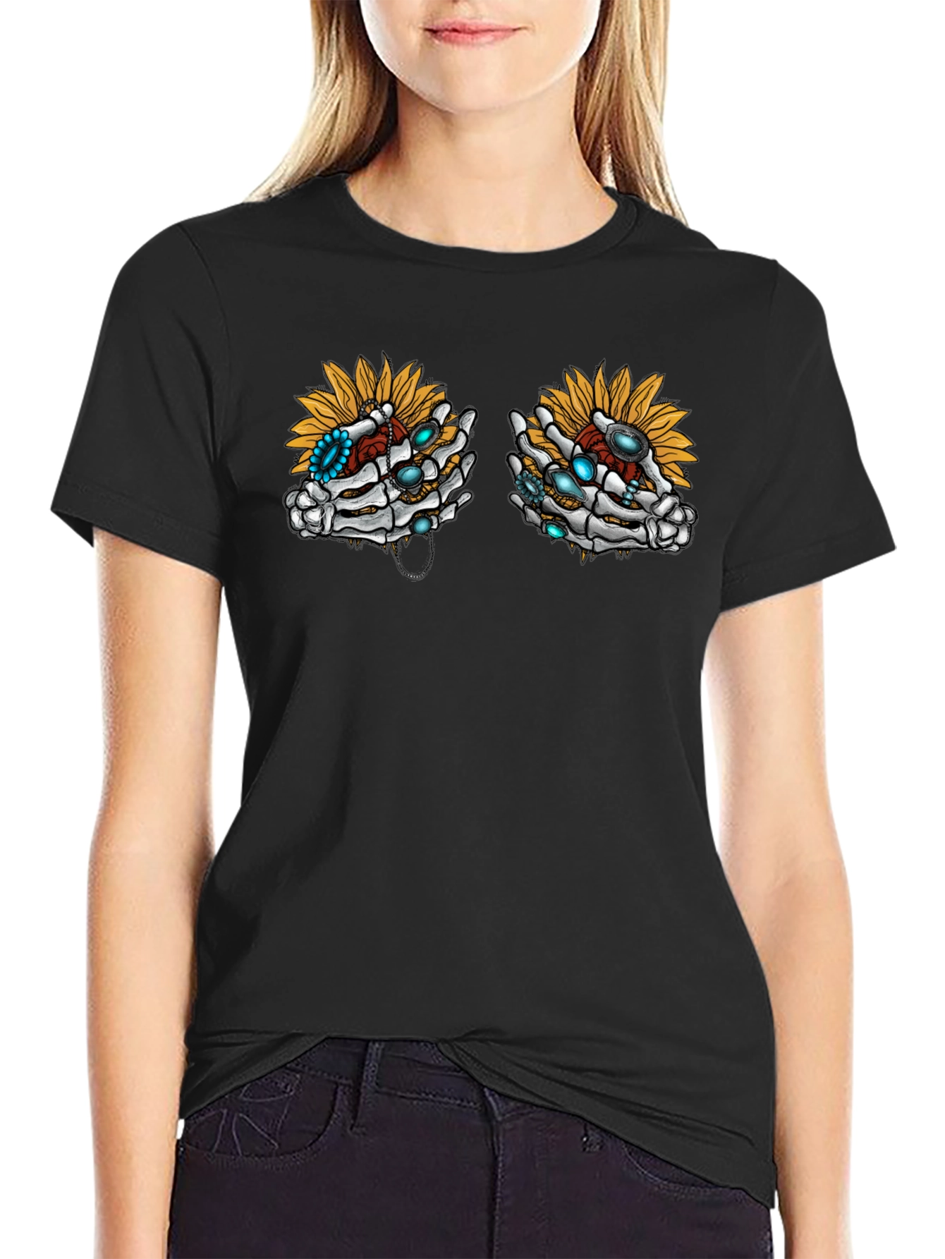 Skeleton Hand Sunflower Graphic Tee