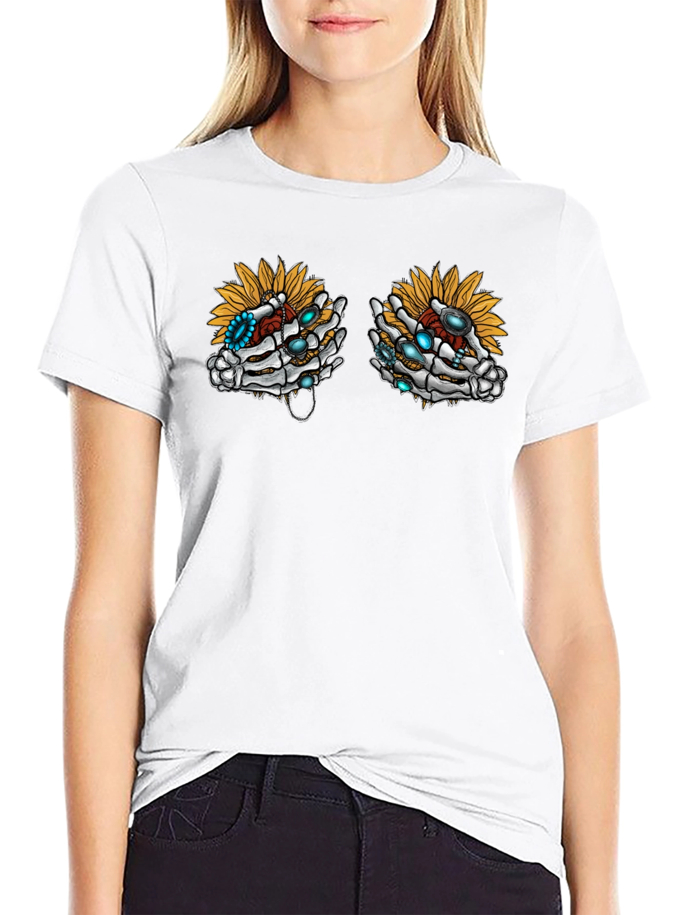 Skeleton Hand Sunflower Graphic Tee
