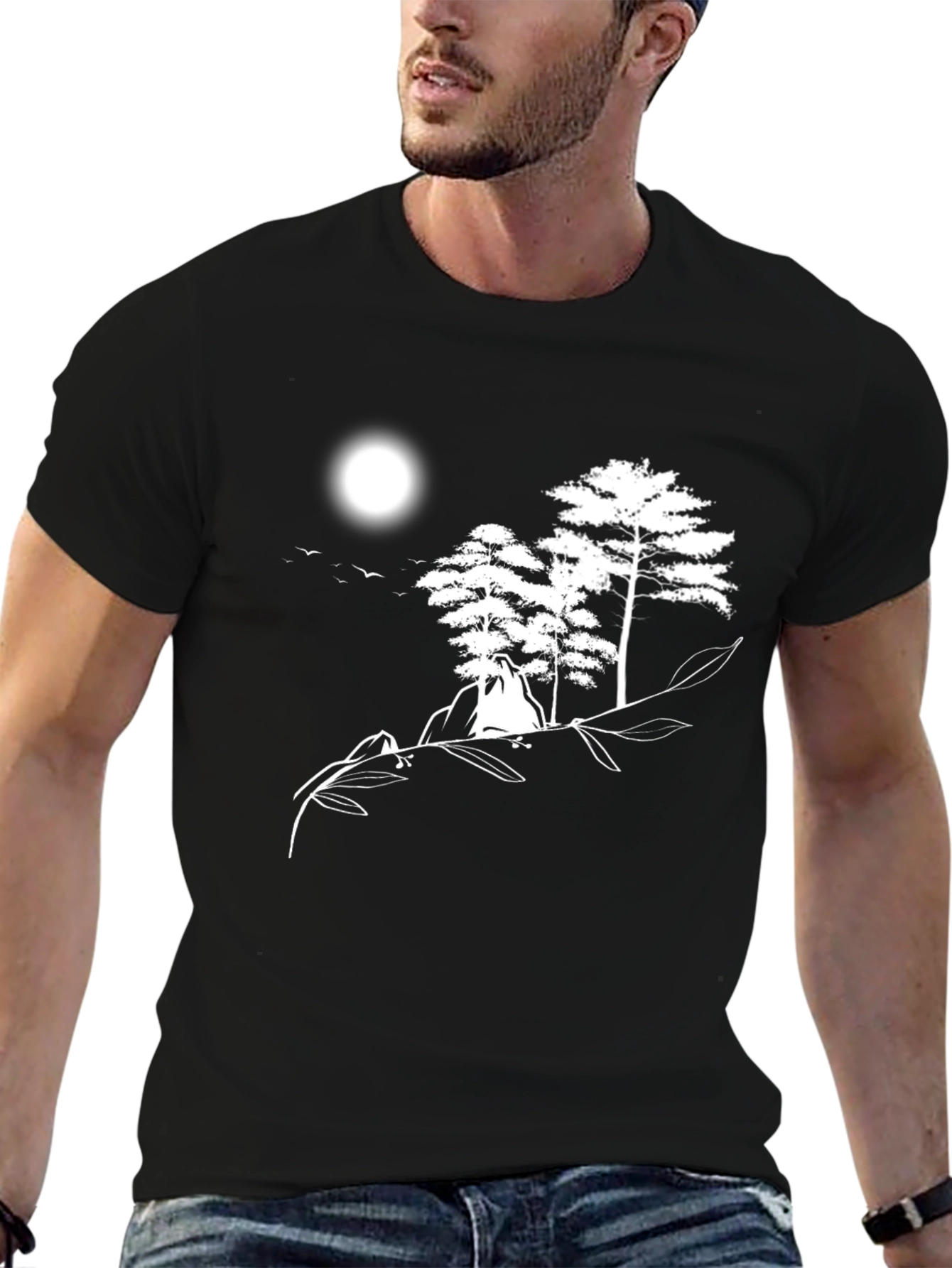 Nature Scene Graphic Tee - Black Cotton Shirt