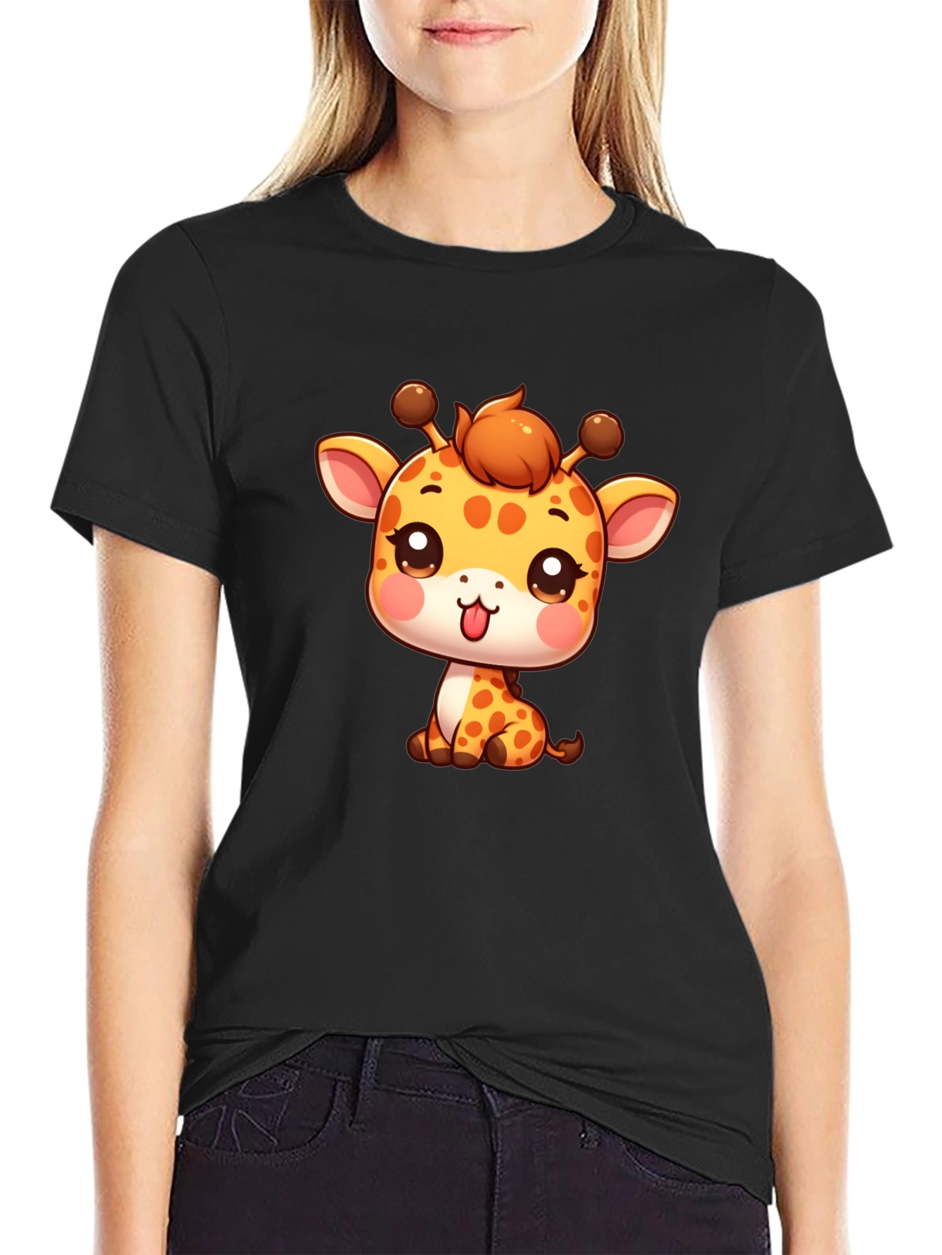 Cute Giraffe Cartoon Black T-Shirt