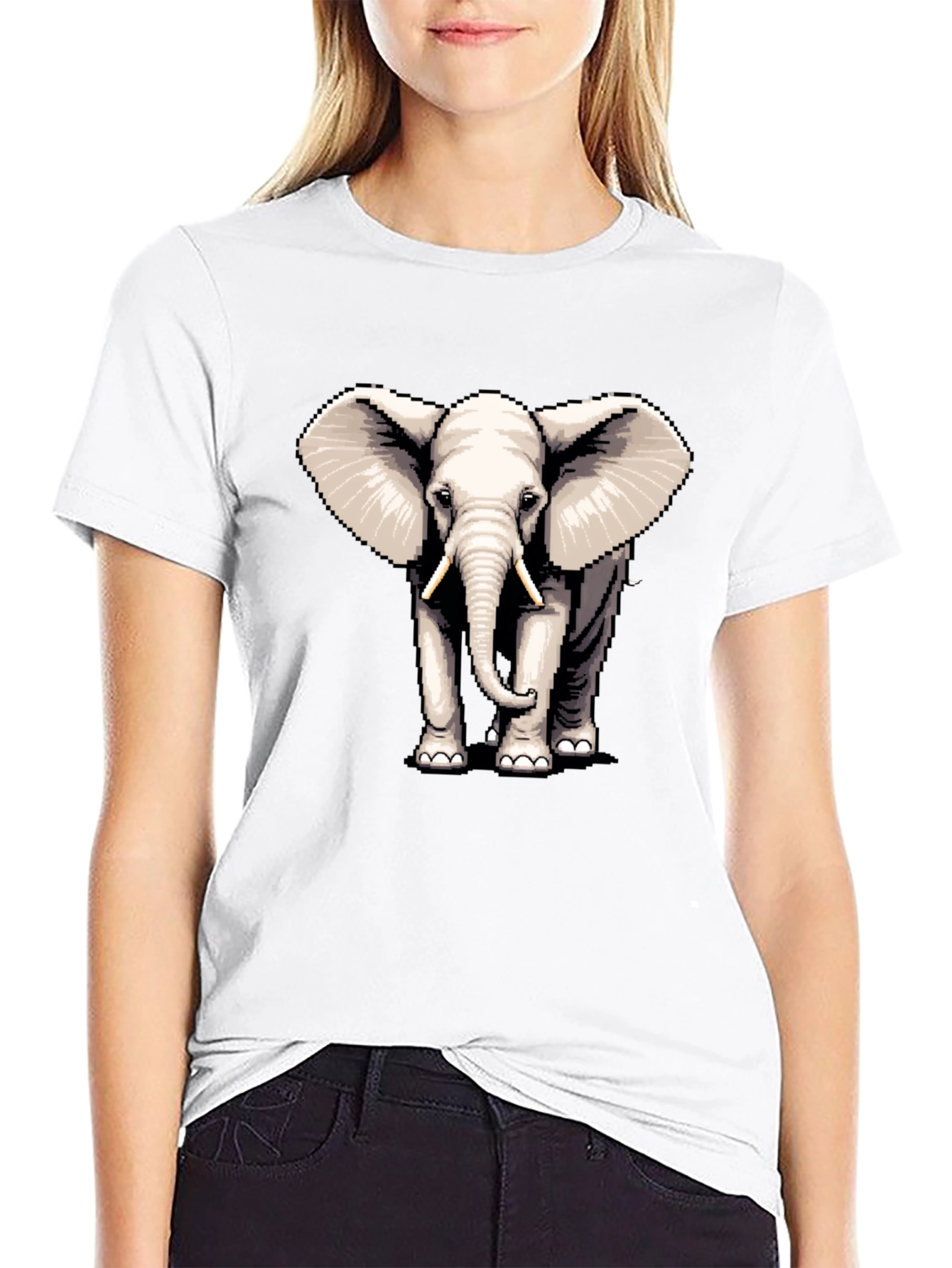 Elephant Pixel Art Black T-Shirt