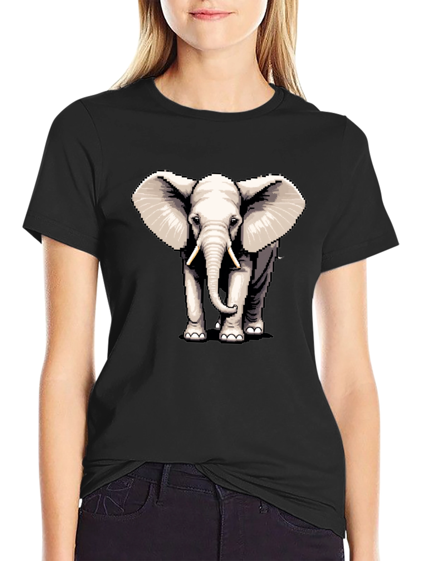 Elephant Pixel Art Black T-Shirt