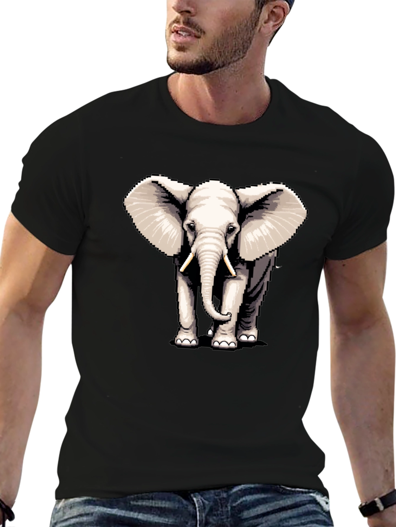 Elephant Pixel Art Black T-Shirt