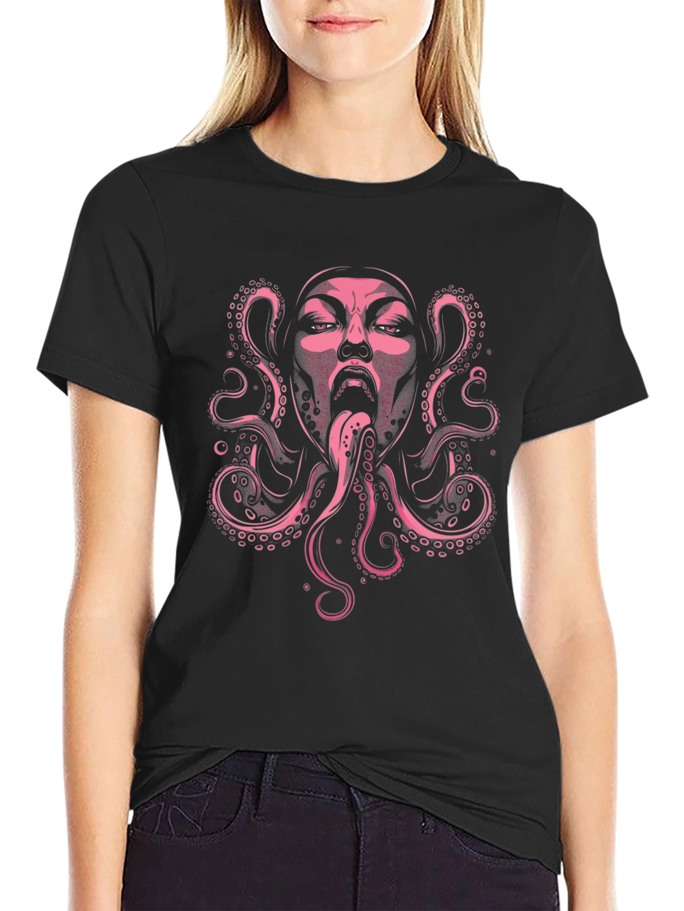 Octopus Face Graphic Black T-Shirt