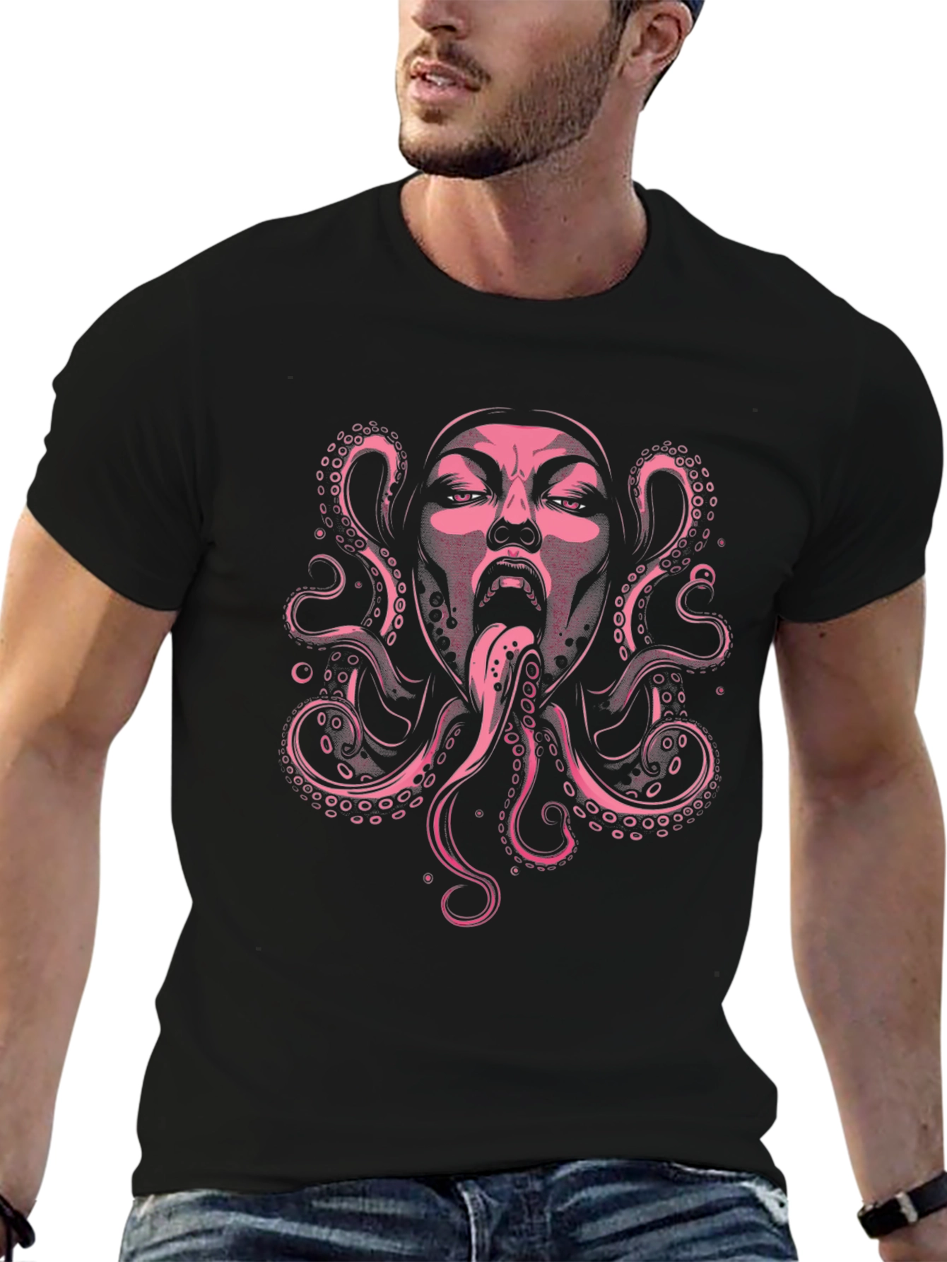 Octopus Face Graphic Black T-Shirt