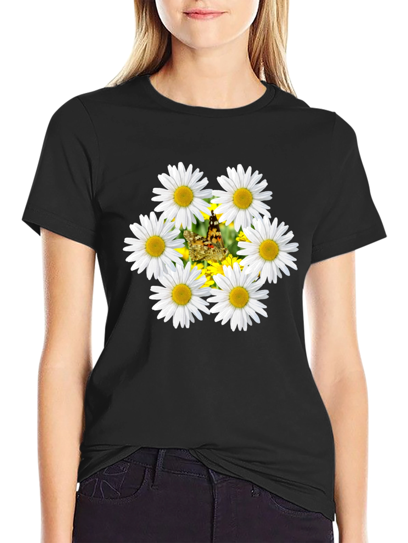 Daisy & Butterfly Graphic Black T-Shirt