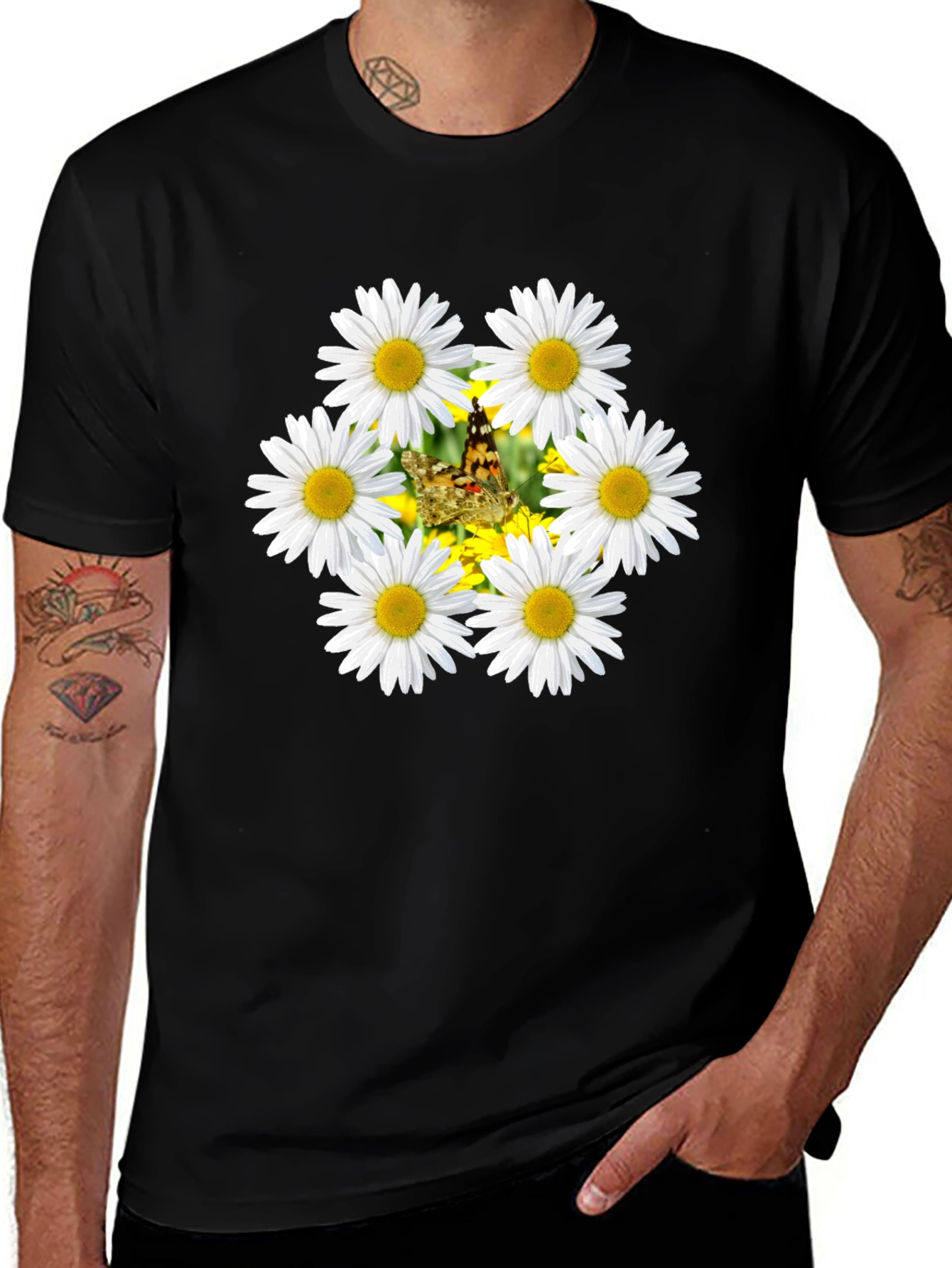 Daisy & Butterfly Graphic Black T-Shirt