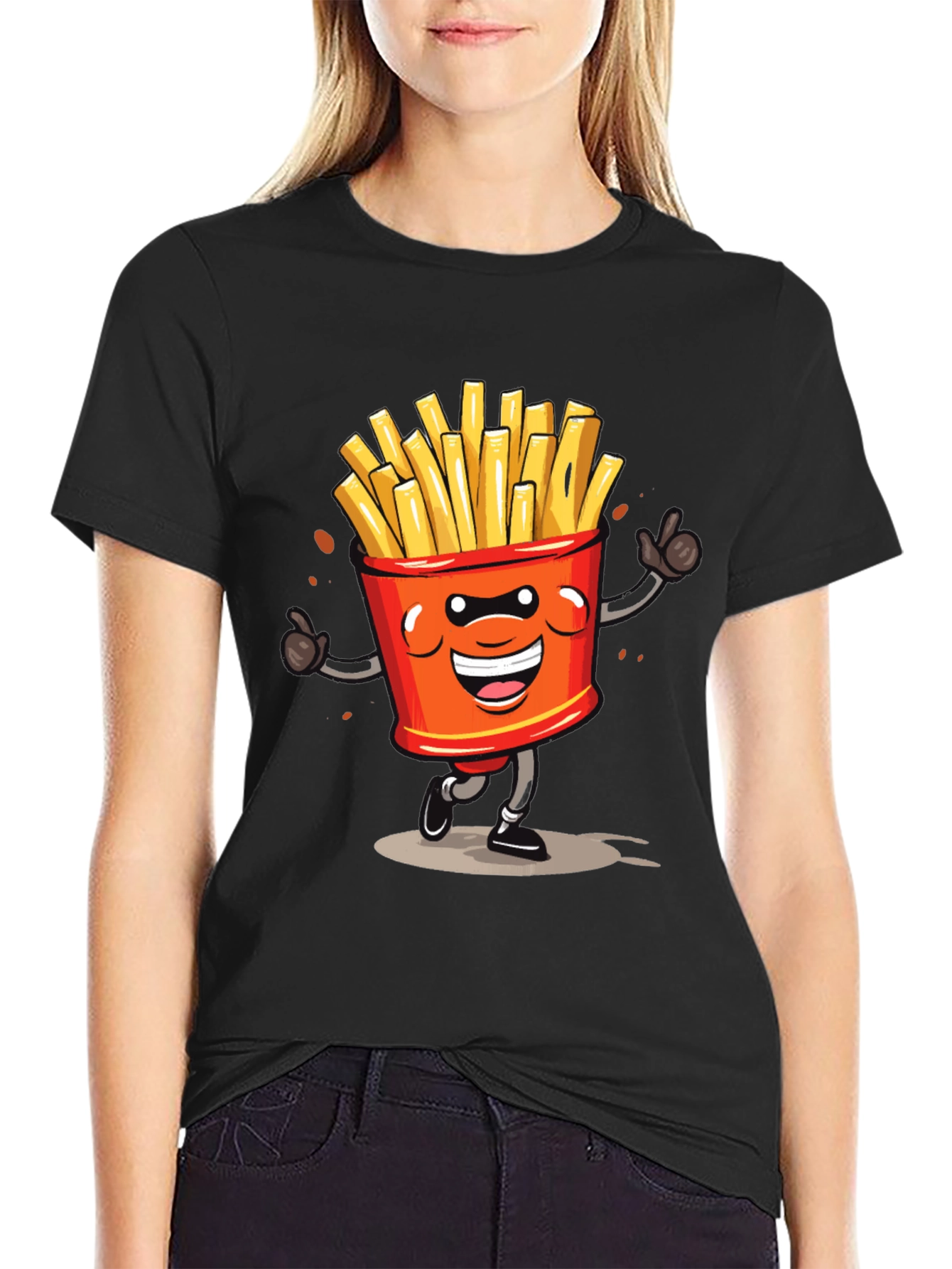 Cartoon French Fries Graphic Black T-Shirt