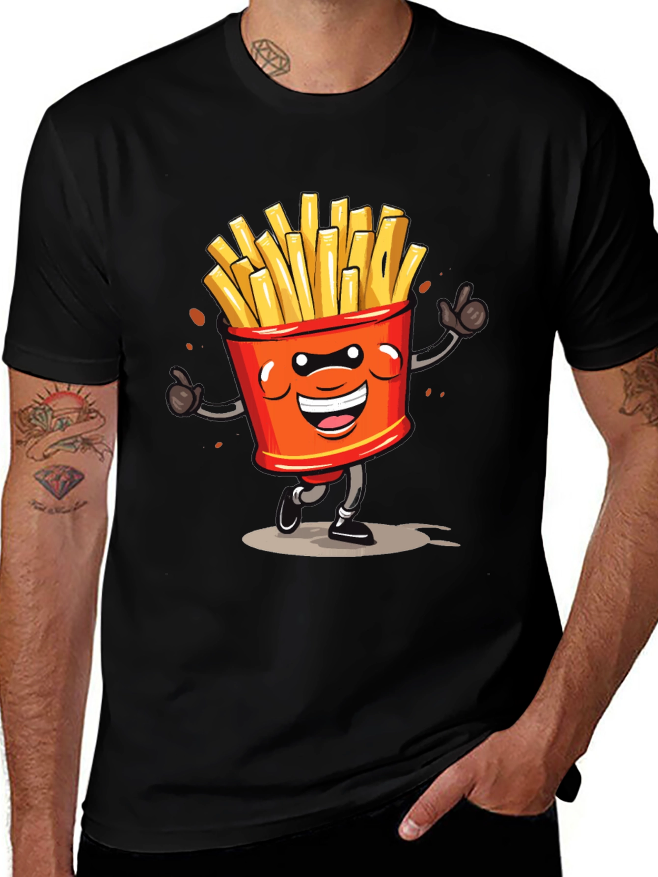 Cartoon French Fries Graphic Black T-Shirt