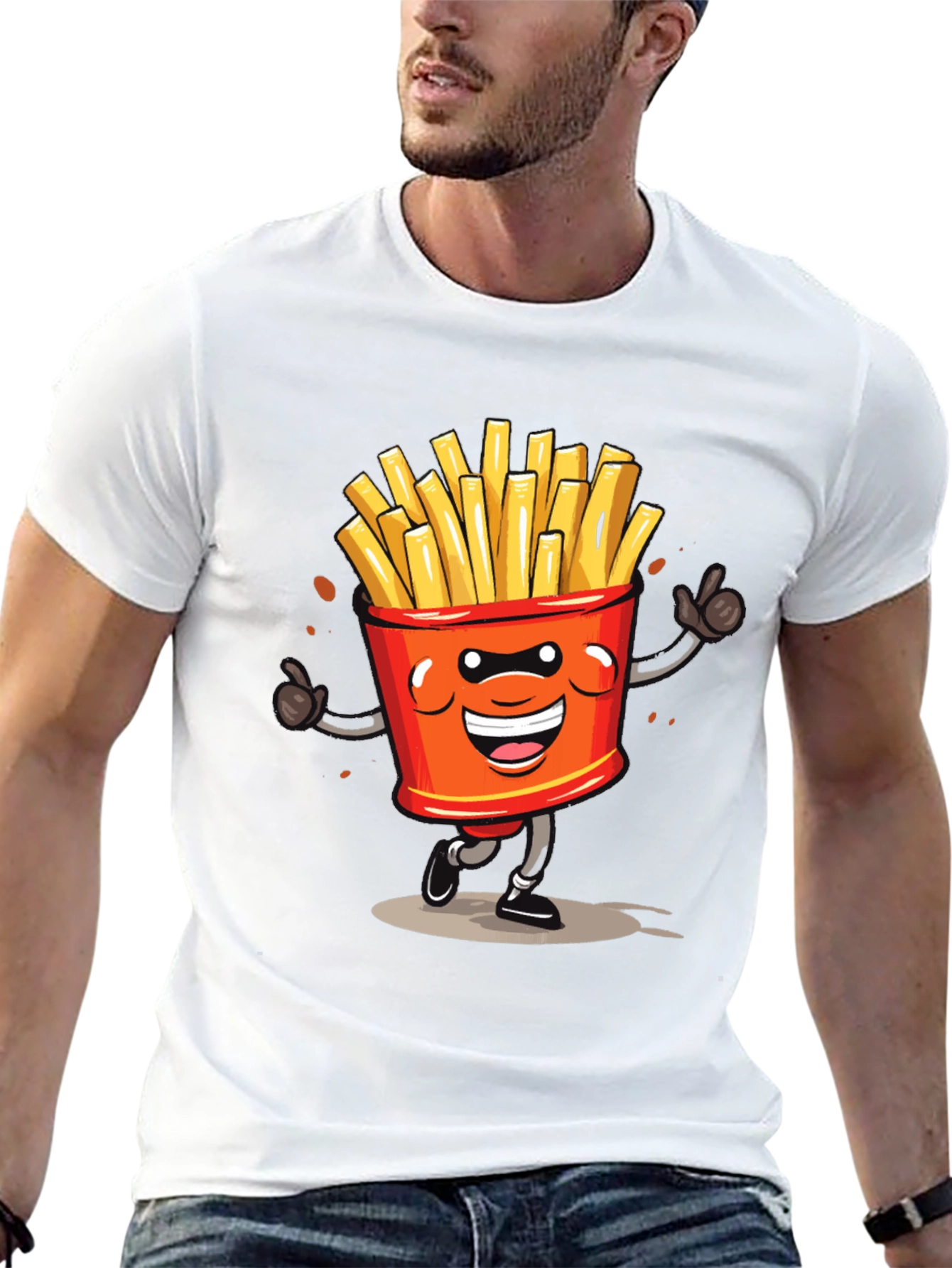 Cartoon French Fries Graphic Black T-Shirt