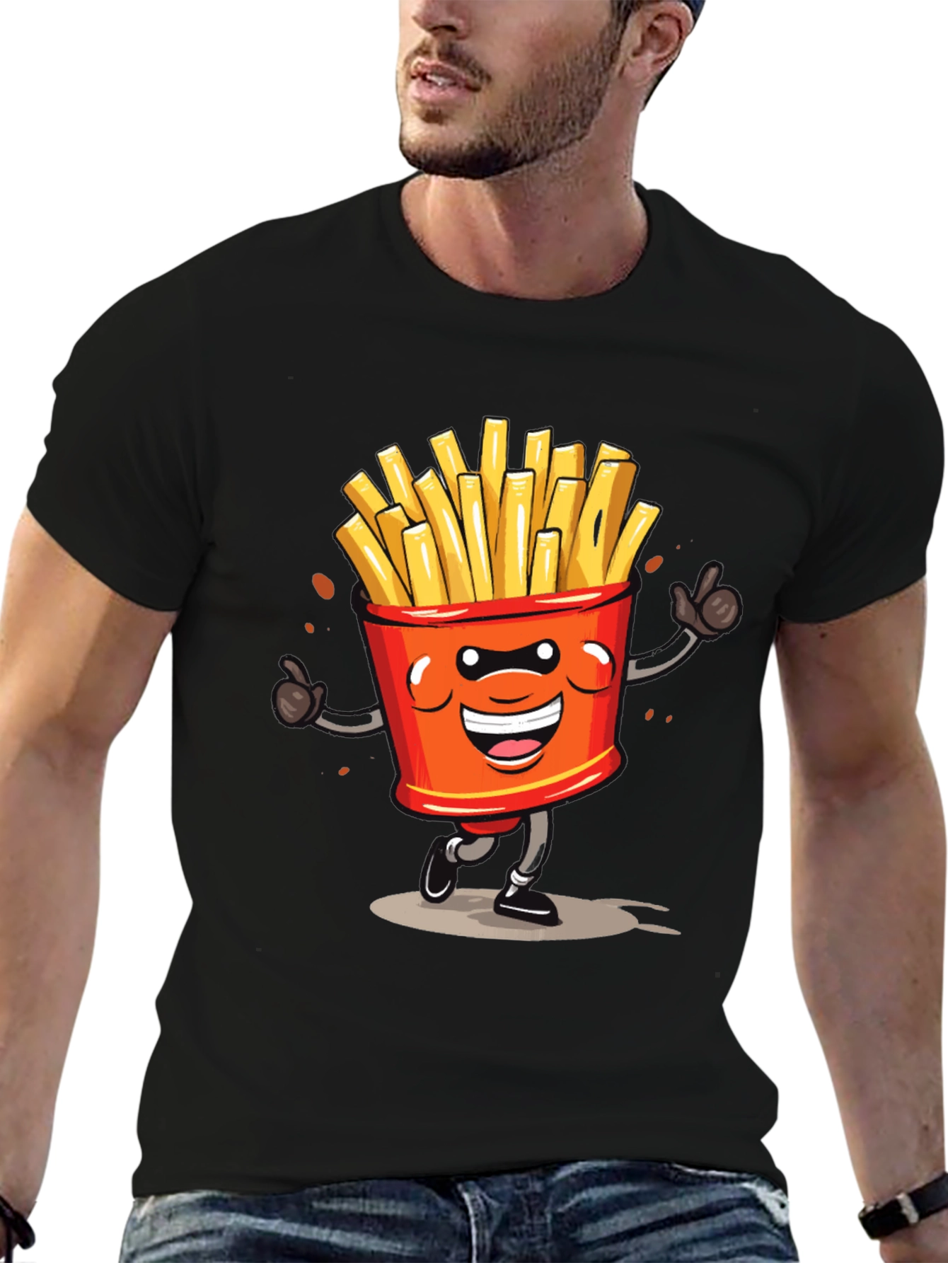 Cartoon French Fries Graphic Black T-Shirt