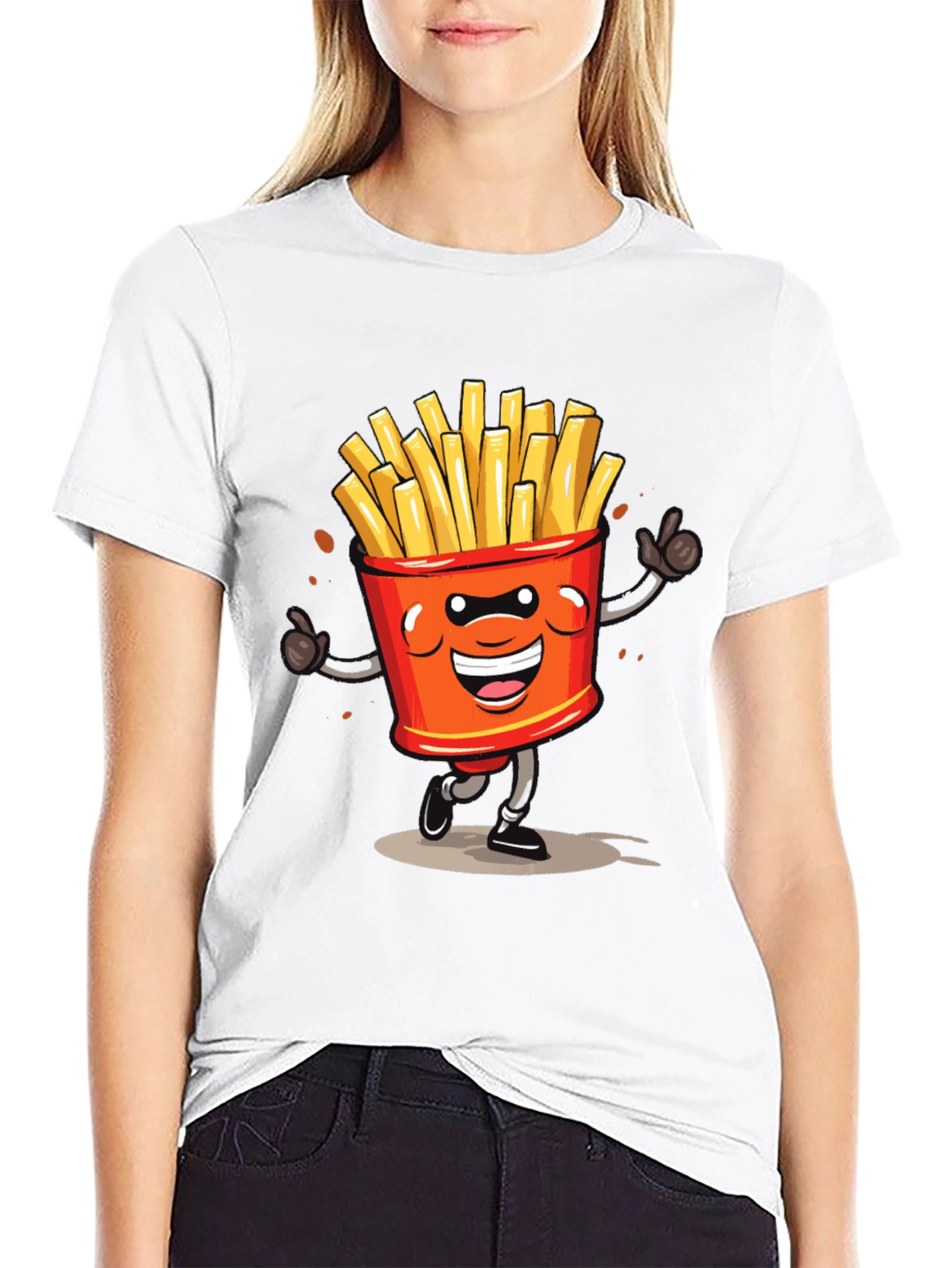 Cartoon French Fries Graphic Black T-Shirt